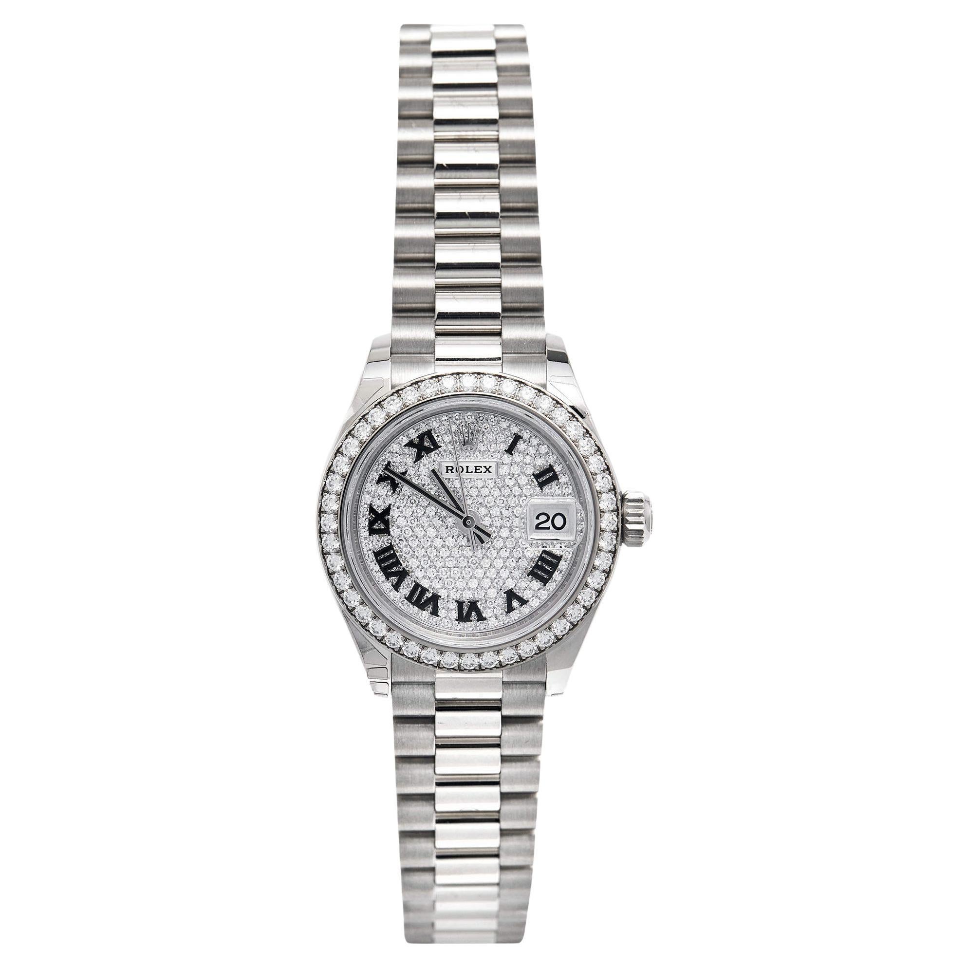 Rolex Diamond Pave 18K White Gold Datejust President Women's Wristwatch 28 For Sale