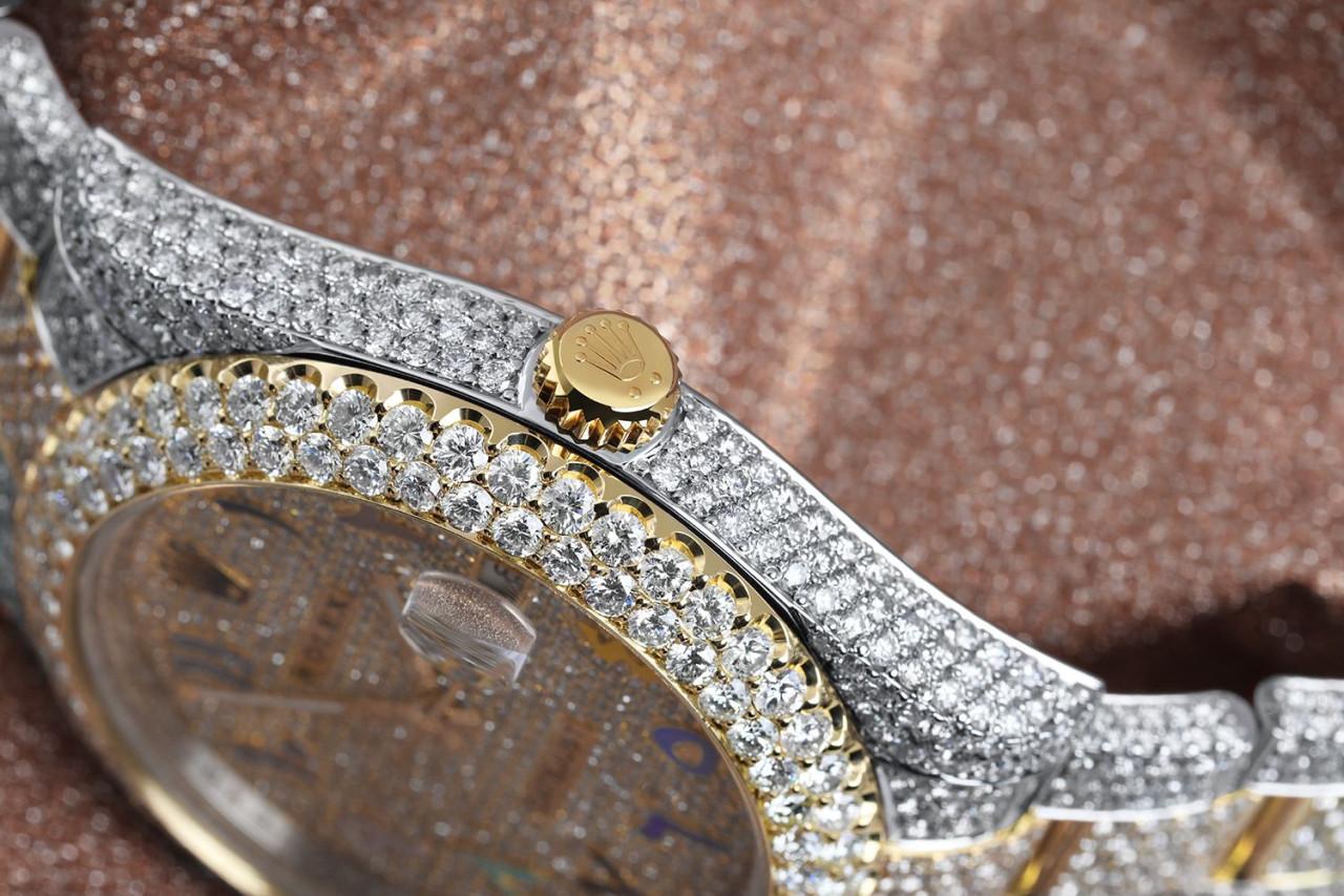 Rolex DJ 41 Custom Full Diamond Two Tone Watch Oyster Band Pave Rainbow Arabic Script Dial 116333.

This watch comes with a LIFETIME diamond replacement warranty. We are so confident in our diamonds setters that if any of the individual diamonds are