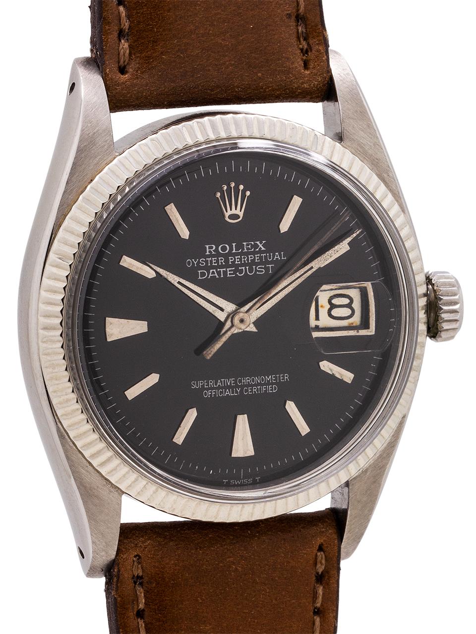 
An early, and exceptional condition Rolex Datejust model ref 6605 serial # 157,xxx circa 1956. Featuring 36mm diameter case with 14K white gold fine milled bezel, and acrylic crystal. Original beautifully restored gloss black dial with elongated
