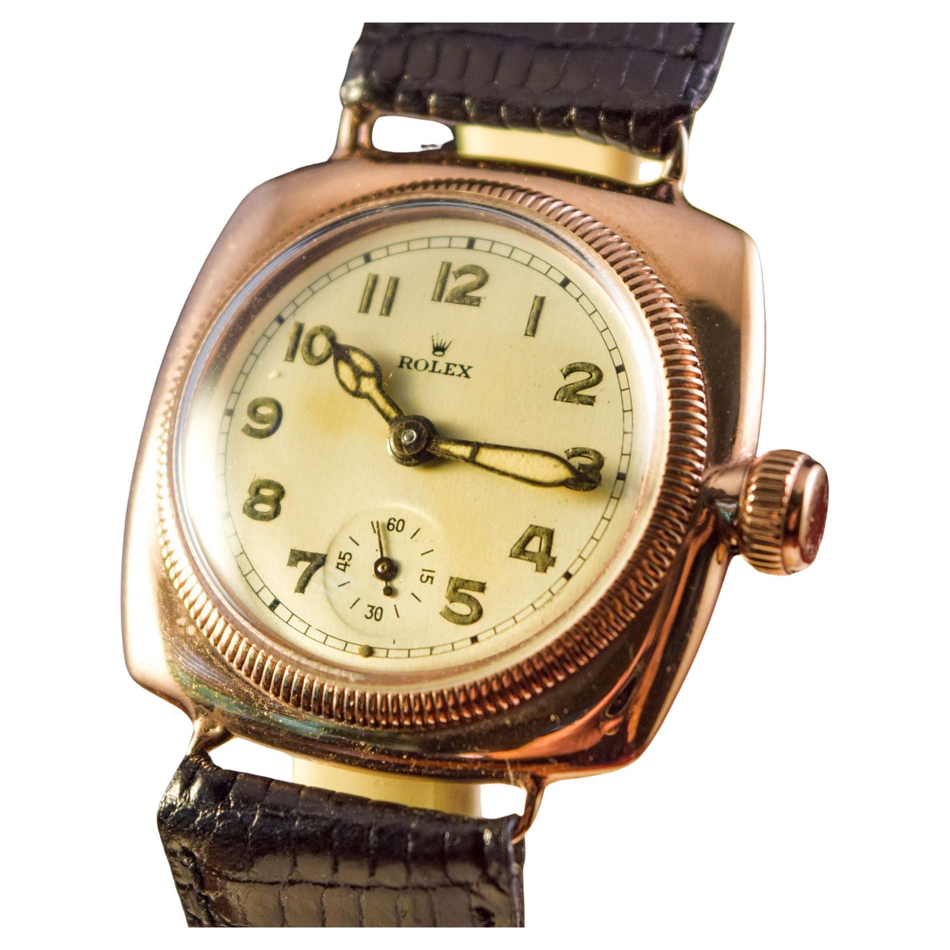 Rolex Early Rolex Oyster solid pink gold Cushion case.
This amazing watch is in amazing condition for it's age
1920's The first waterproof watch in the world.
This is the largest size that was produced by Rolex in those days.
32 MM excluding the