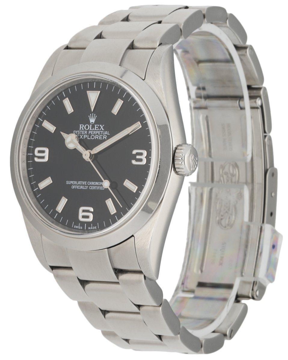 Rolex Explorer 114270 Men's Watch. 36mm Stainless Steel case. Stainless Steel smooth bezel. Black dial with luminous hands and Index & Arabic numeral hour marker. Stainless steel bracelet with fold over clasp with safety. Will fit up to a 7-inch