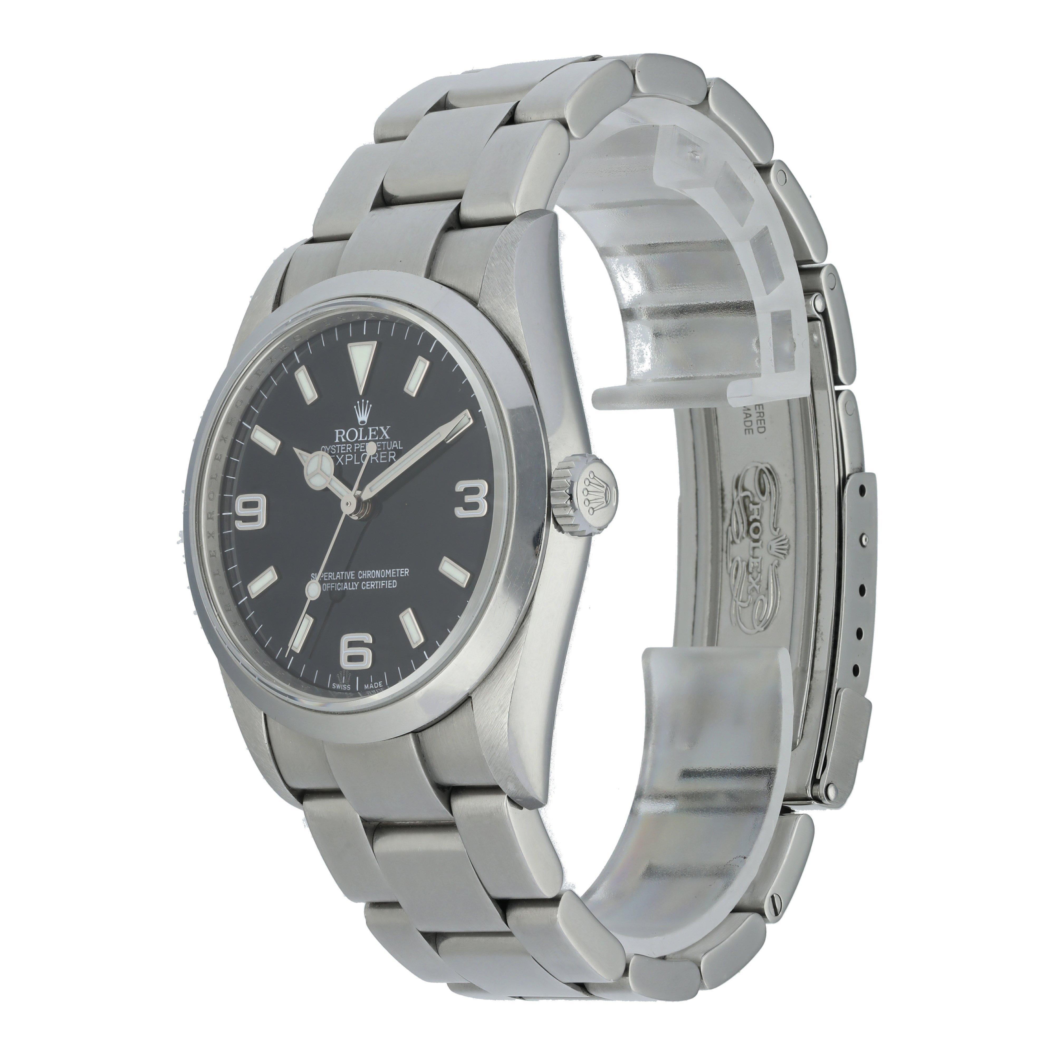 Rolex Explorer 114270 Men's Watch.
36mm Stainless Steel case. 
Stainless Steel smooth bezel. 
Black dial with engraved rehaut. 
Minute markers on the outer dial. 
Stainless Steel Bracelet with Oyster-clasp. 
Will fit up to a 7-inch wrist. 
Sapphire