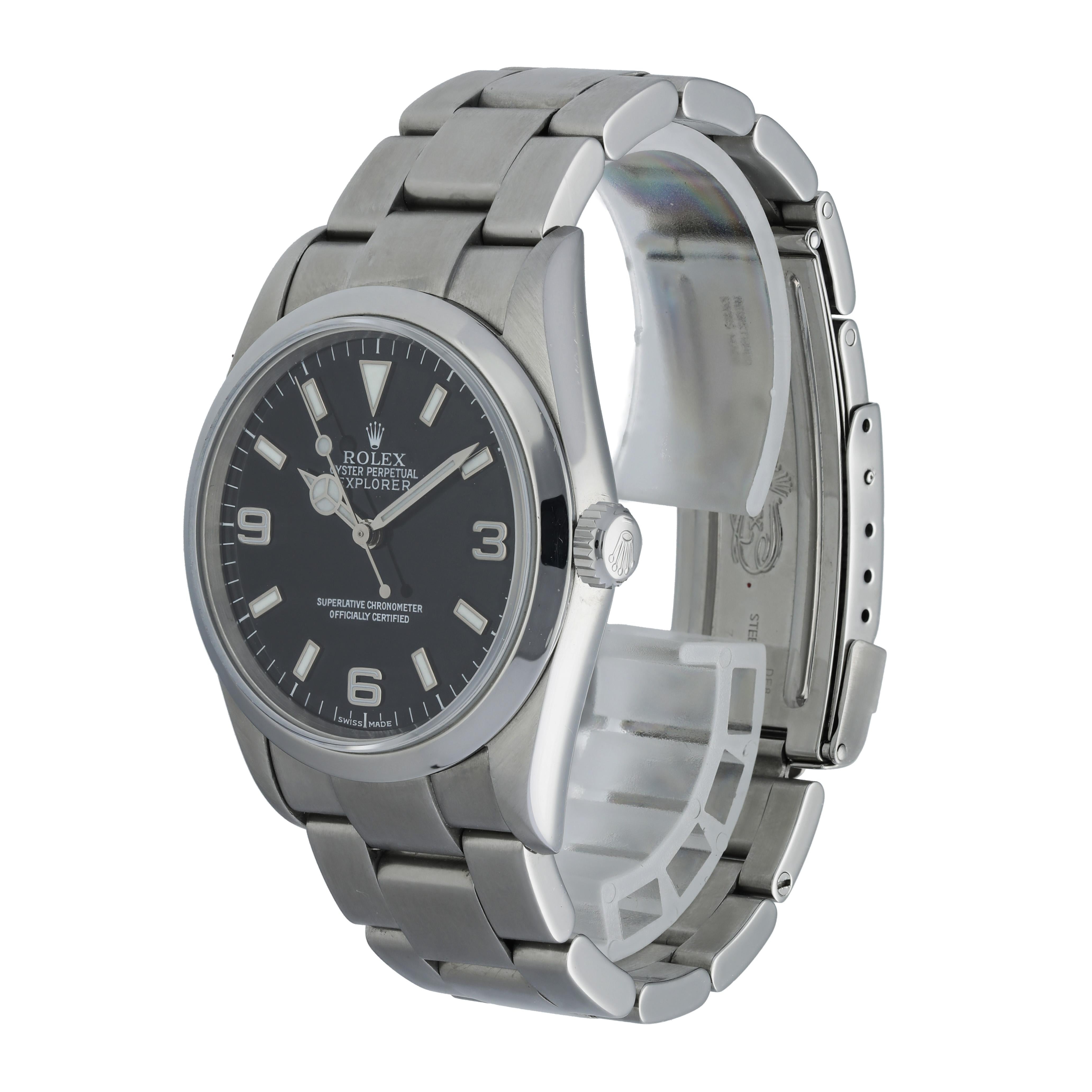 Rolex Explorer 114270 Men's Watch. 
36mm Stainless Steel case. 
Stainless Steel Stationary Smooth bezel. 
Black dial with Luminous Steel hands and index hour markers. 
Minute markers on the outer dial.
Stainless Steel Bracelet with Fold Over Clasp