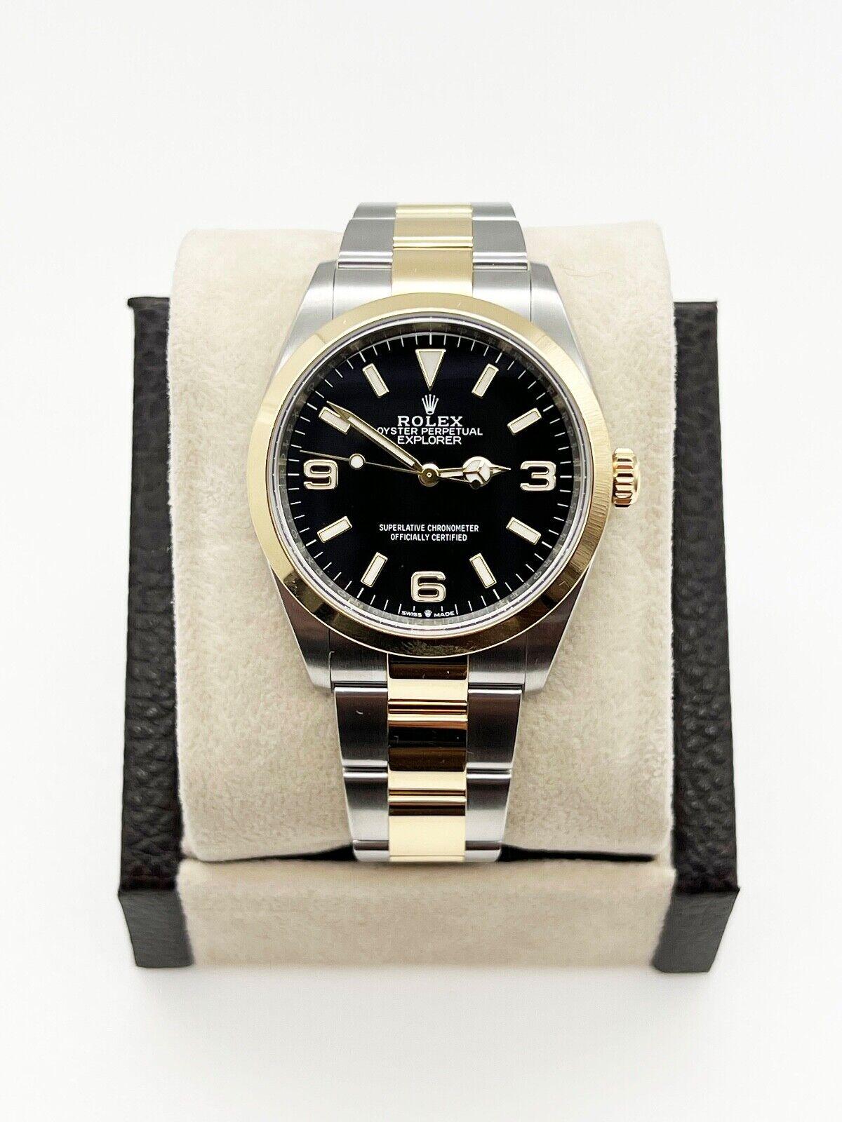 Rolex Explorer 124273 Black Dial 18K Yellow Gold Steel Box Booklet 36mm In Excellent Condition For Sale In San Diego, CA