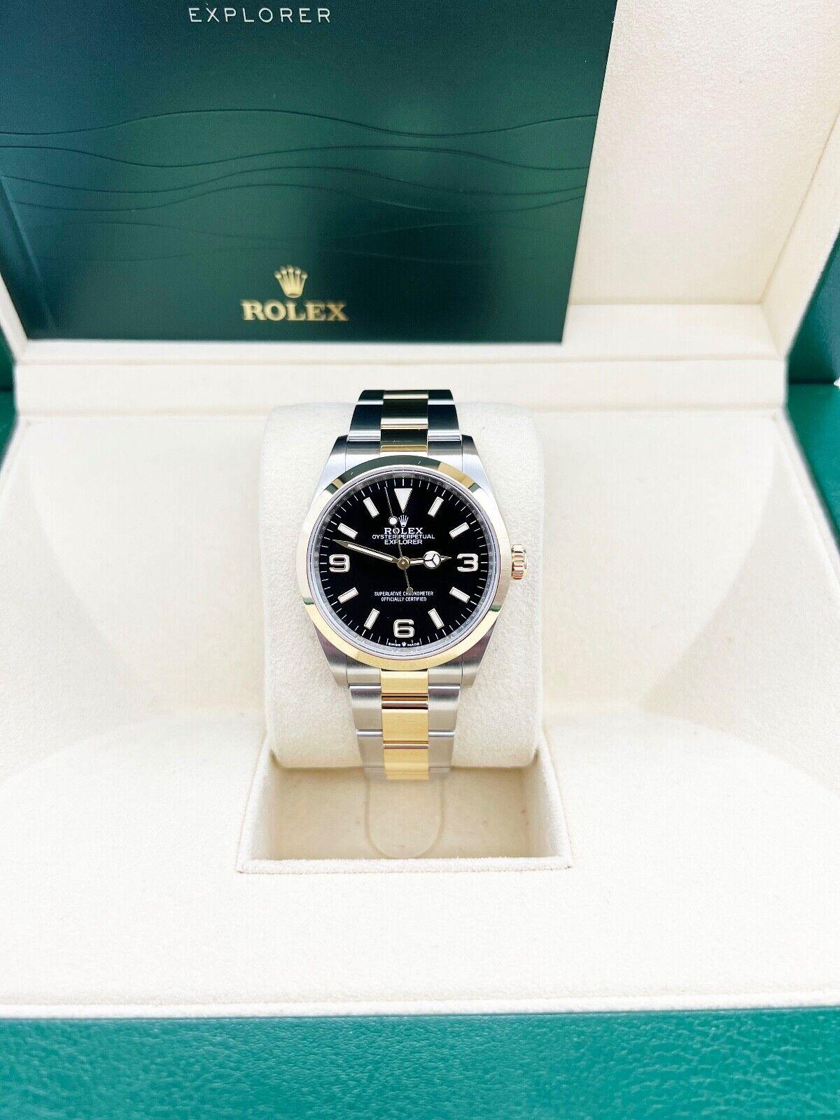 Rolex Explorer 124273 Black Dial 18K Yellow Gold Steel Box Booklet 36mm For Sale 2