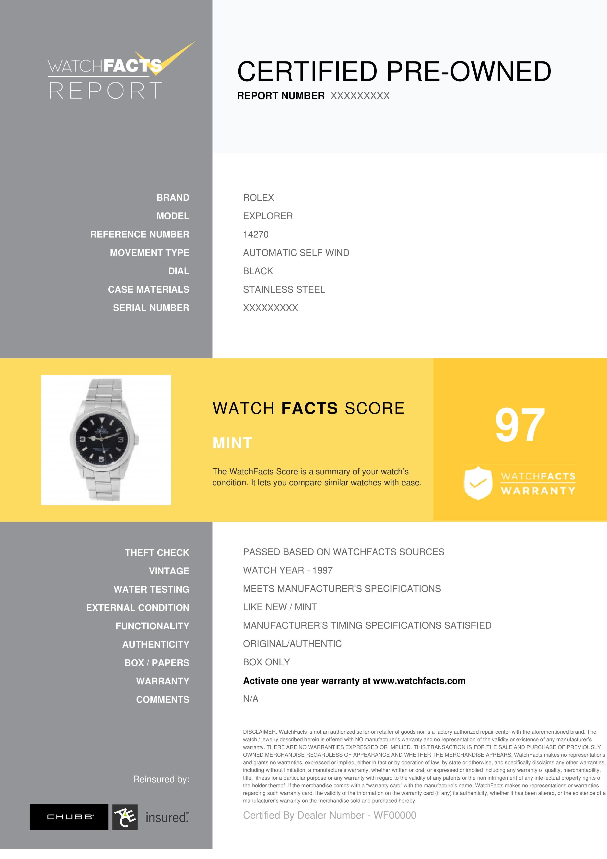 Rolex Explorer Reference #: 14270. Mens Automatic Self Wind Watch Stainless Steel Black 36 MM. Verified and Certified by WatchFacts. 1 year warranty offered by WatchFacts.
