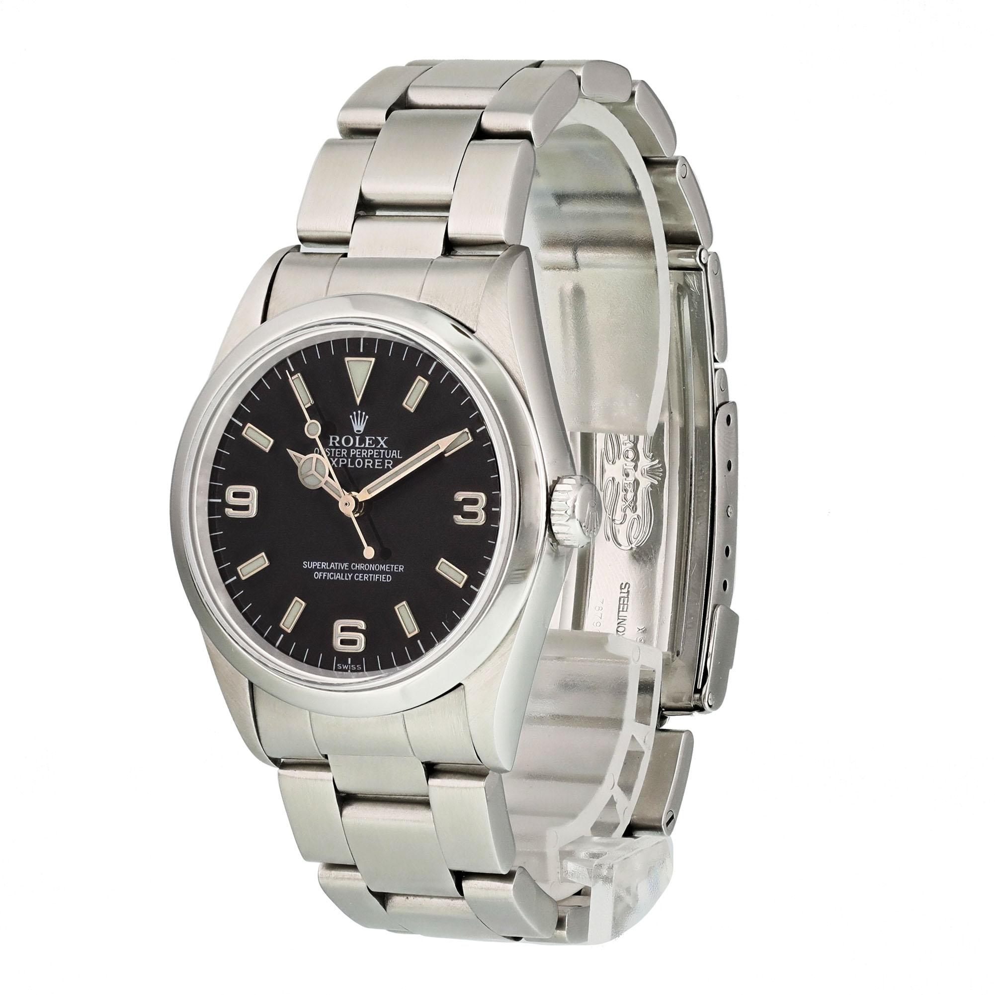 Rolex Explorer 14270 Men's Watch. 
36mm Stainless Steel case. 
Stainless Steel Stationary bezel. 
Black dial with Luminous Steel hands and Arabic numeral hour markers. 
Minute markers on the outer dial. 
Stainless Steel Bracelet with Fold Over Clasp