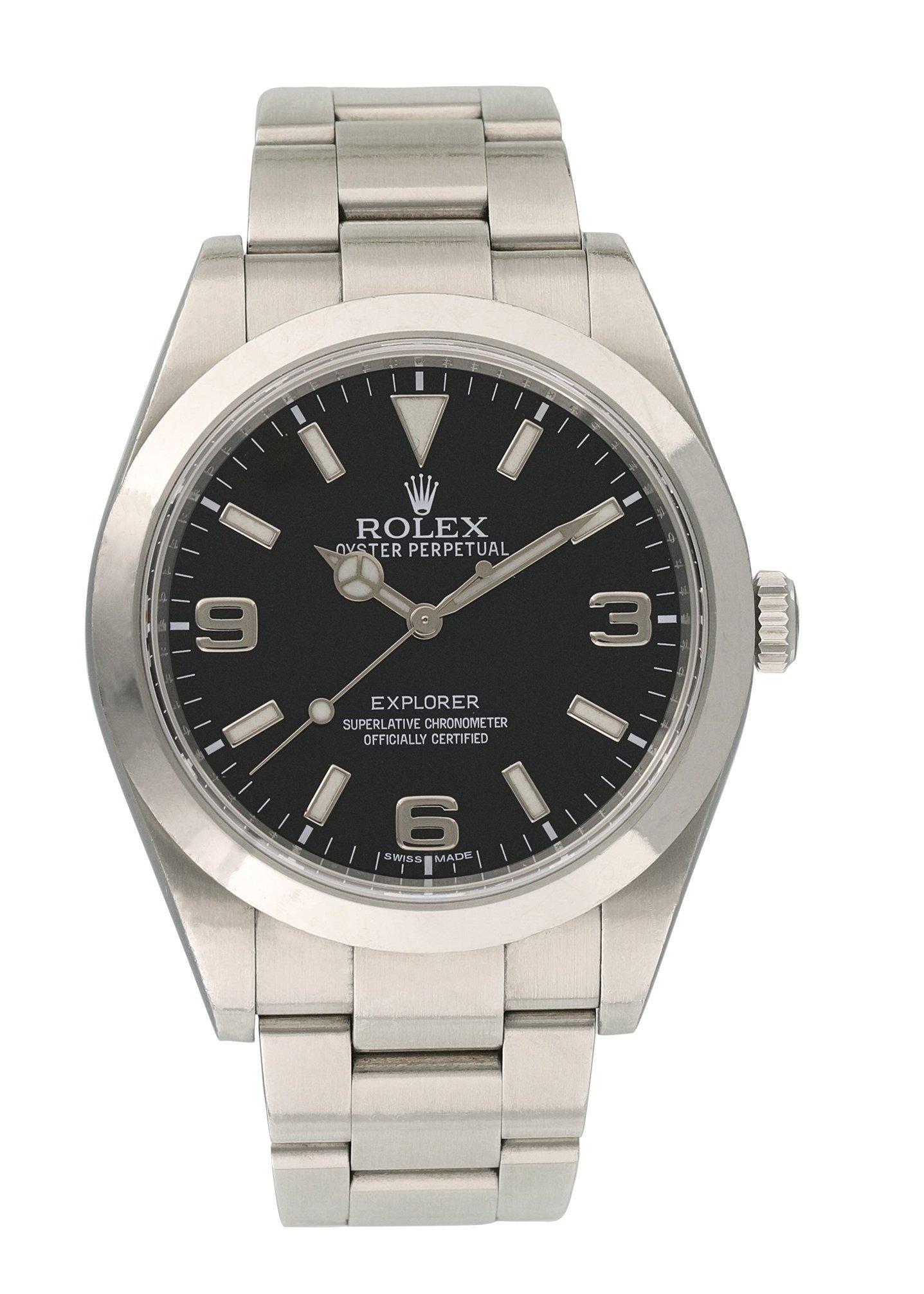 Rolex Explorer 214270 Men Watch
39mm Stainless Steel case. 
Stainless Steel smooth bezel. 
Black dial with Luminous Steel hands and index hour markers. 
Minute markers on the outer dial. 
Stainless Steel Bracelet with Fold Over Clasp. 
Will fit up