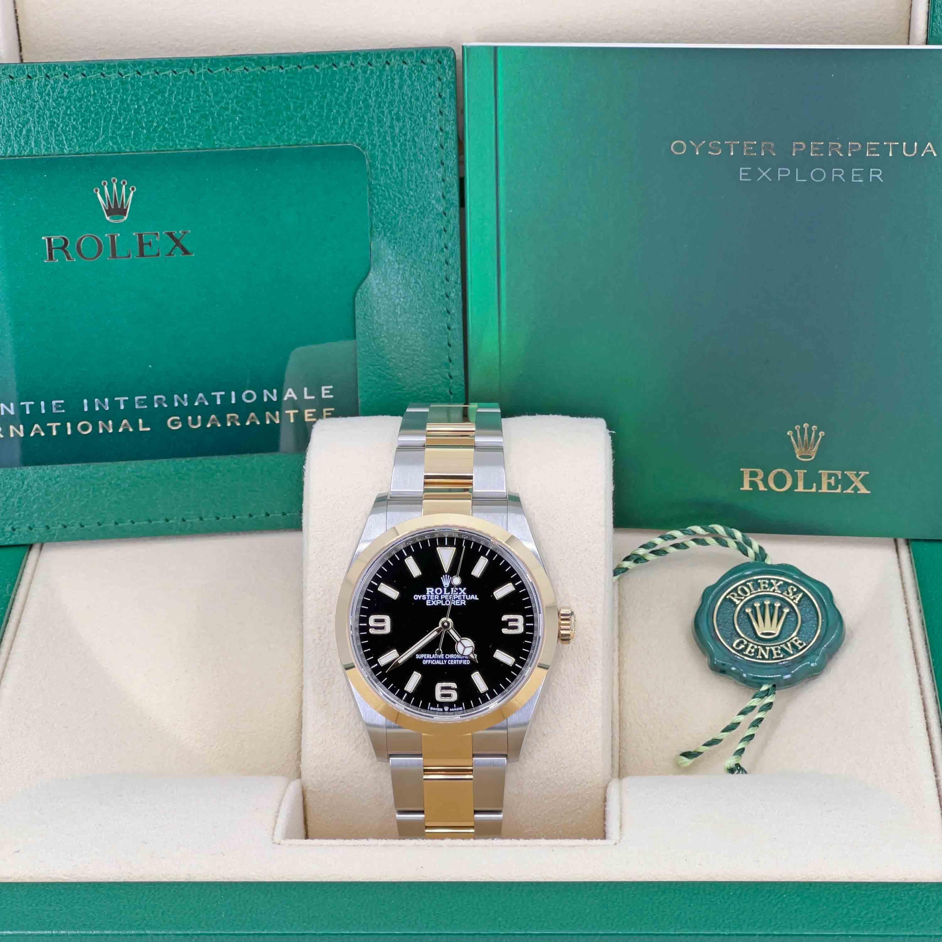 Rolex Explorer 36 mm Two-Tone with Rolesor Stainless Steel and Yellow Gold case, screw-down back, screw-down crown with twinlock double waterproofness system, Yellow Gold smooth bezel, scratch-resistant sapphire crystal, black dial, index and Arabic