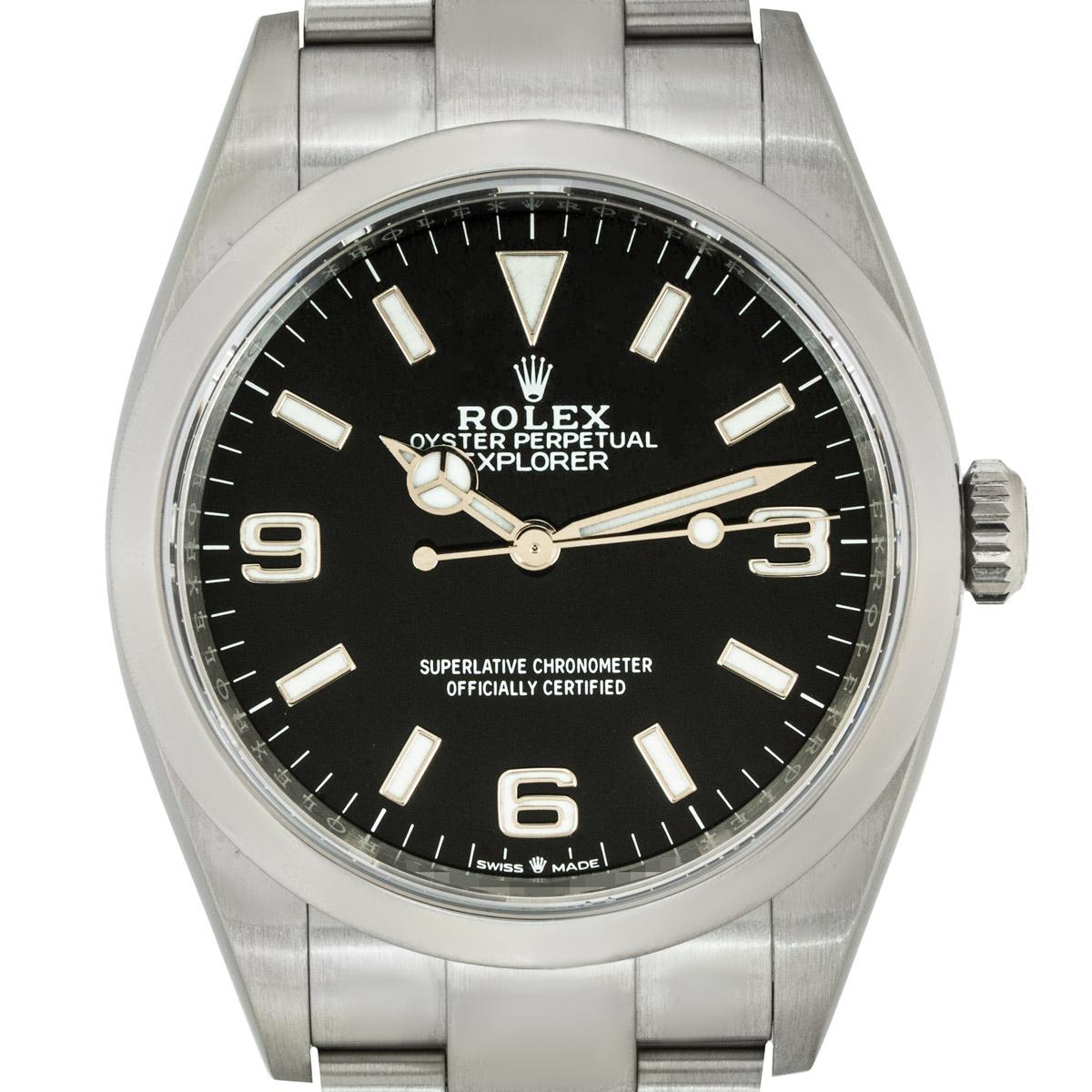 A 36mm Explorer crafted in Oystersteel by Rolex. Featuring a black dial with applied Arabic numbers and a smooth fixed bezel.

Fitted with a scratch-resistant sapphire crystal and powered by a self-winding automatic movement. The Oystersteel