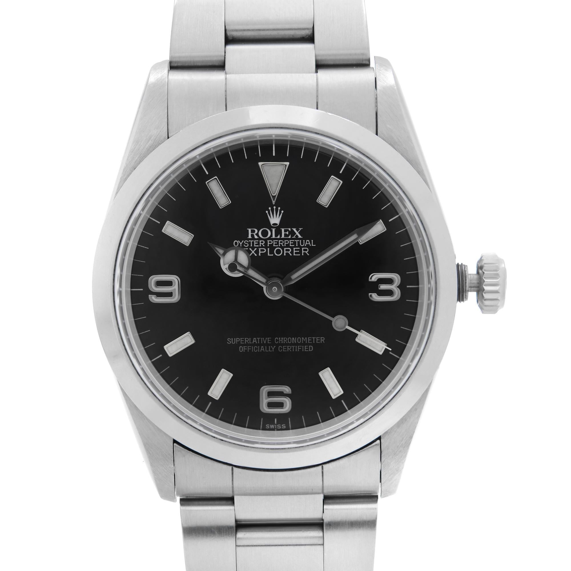 Pre Owned Rolex Explorer 36mm Stainless Steel Black Dial Automatic Men's Watch 14270. The minor patina on the dial near the center of the hands around canon pinion. This Timepiece was Produced in 1997 and is Powered by Mechanical (Automatic)