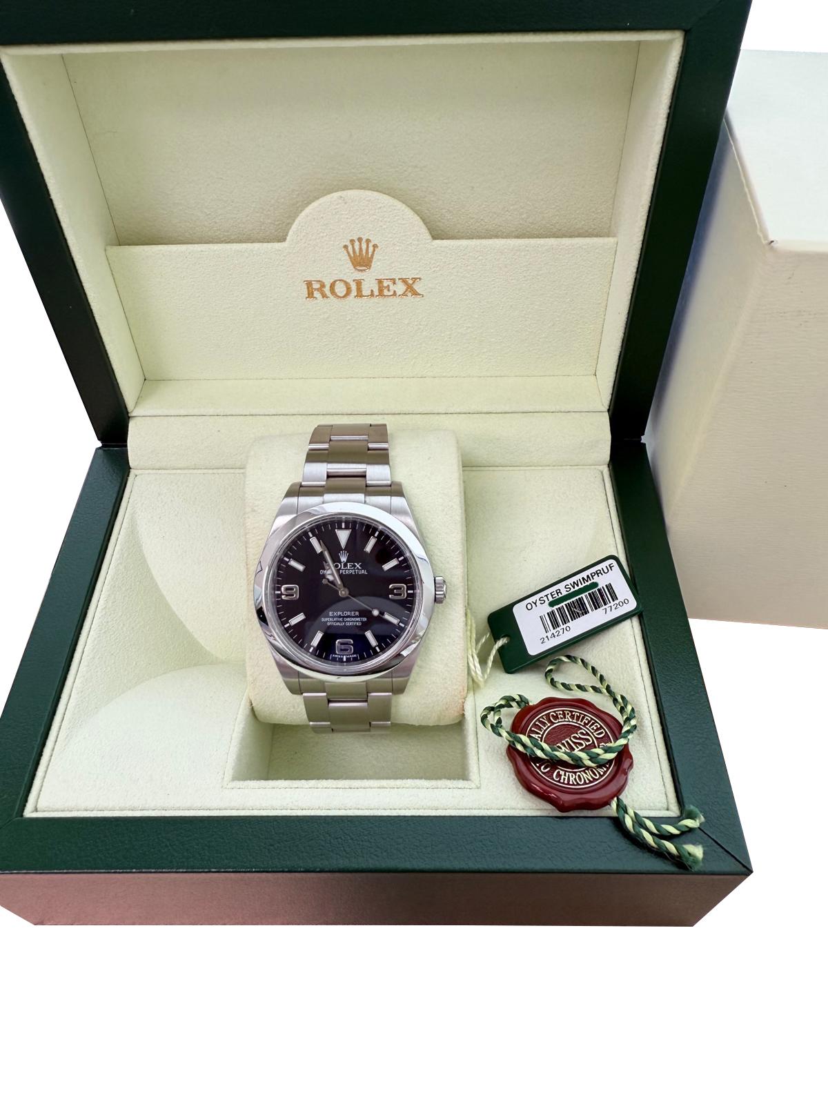 Rolex Explorer 39mm schwarzes Zifferblatt Stahl Herren Automatik Oyster Uhr 214270 im Angebot 5