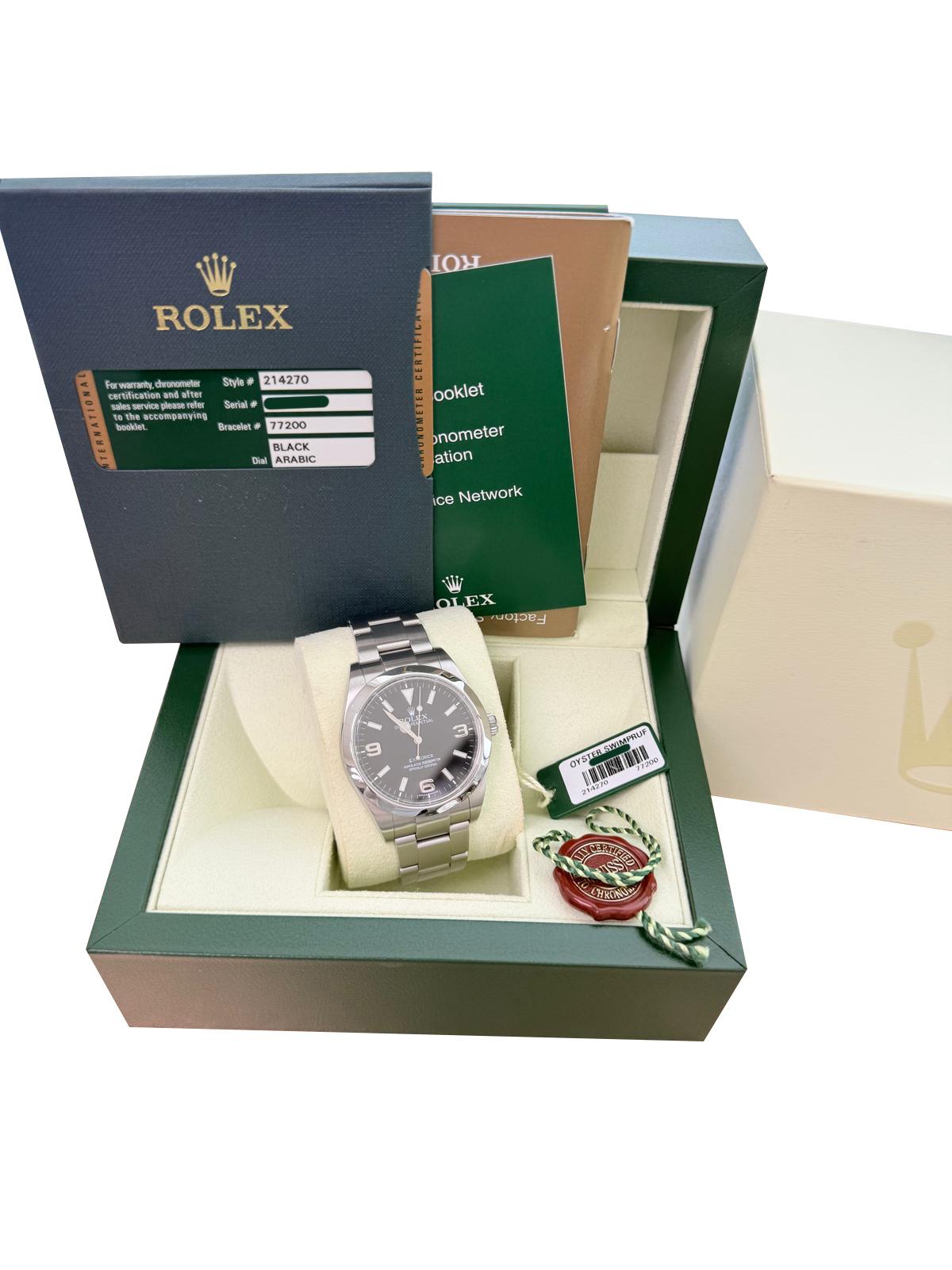 Rolex Explorer 39mm schwarzes Zifferblatt Stahl Herren Automatik Oyster Uhr 214270 im Zustand „Hervorragend“ im Angebot in Aventura, FL