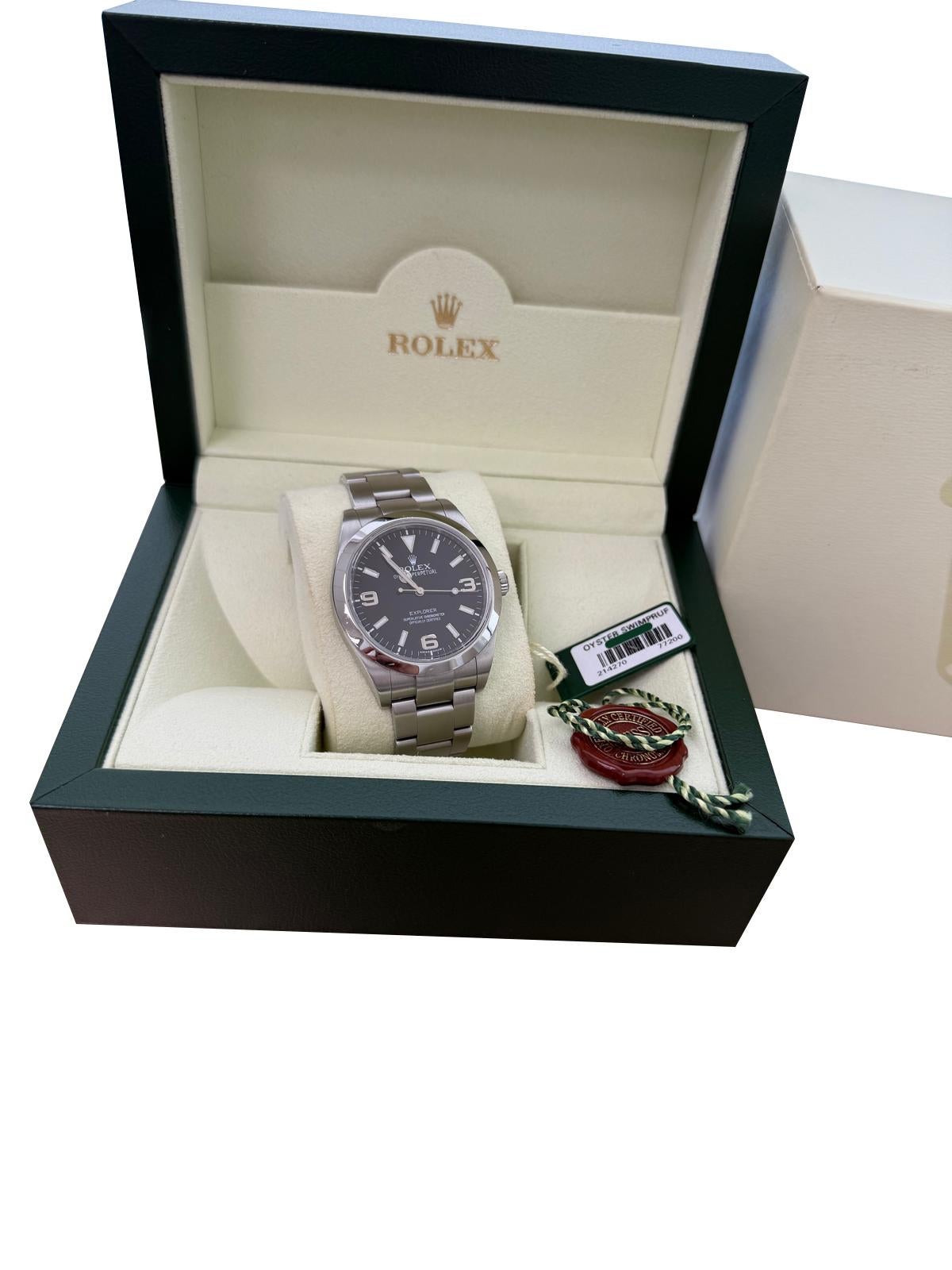 Rolex Explorer 39mm schwarzes Zifferblatt Stahl Herren Automatik Oyster Uhr 214270 im Angebot 2