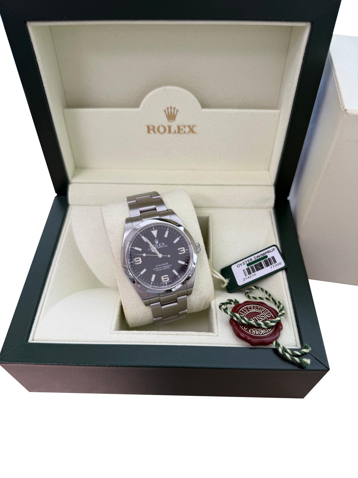 Rolex Explorer 39mm schwarzes Zifferblatt Stahl Herren Automatik Oyster Uhr 214270 im Angebot 3