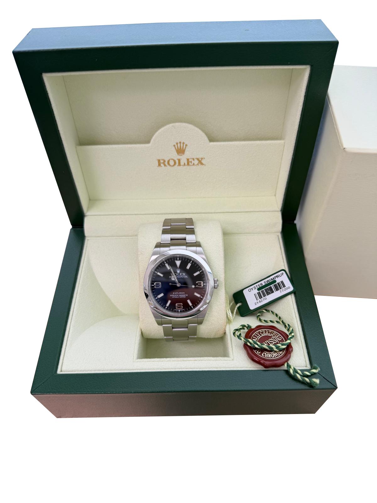 Rolex Explorer 39mm schwarzes Zifferblatt Stahl Herren Automatik Oyster Uhr 214270 im Angebot 4