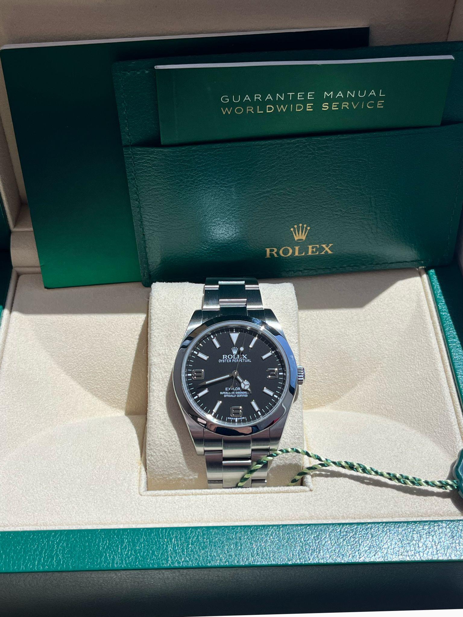 Modernist Rolex Explorer 39mm Black Dial Steel Smooth Bezel Oyster Mens Watch 214270 For Sale
