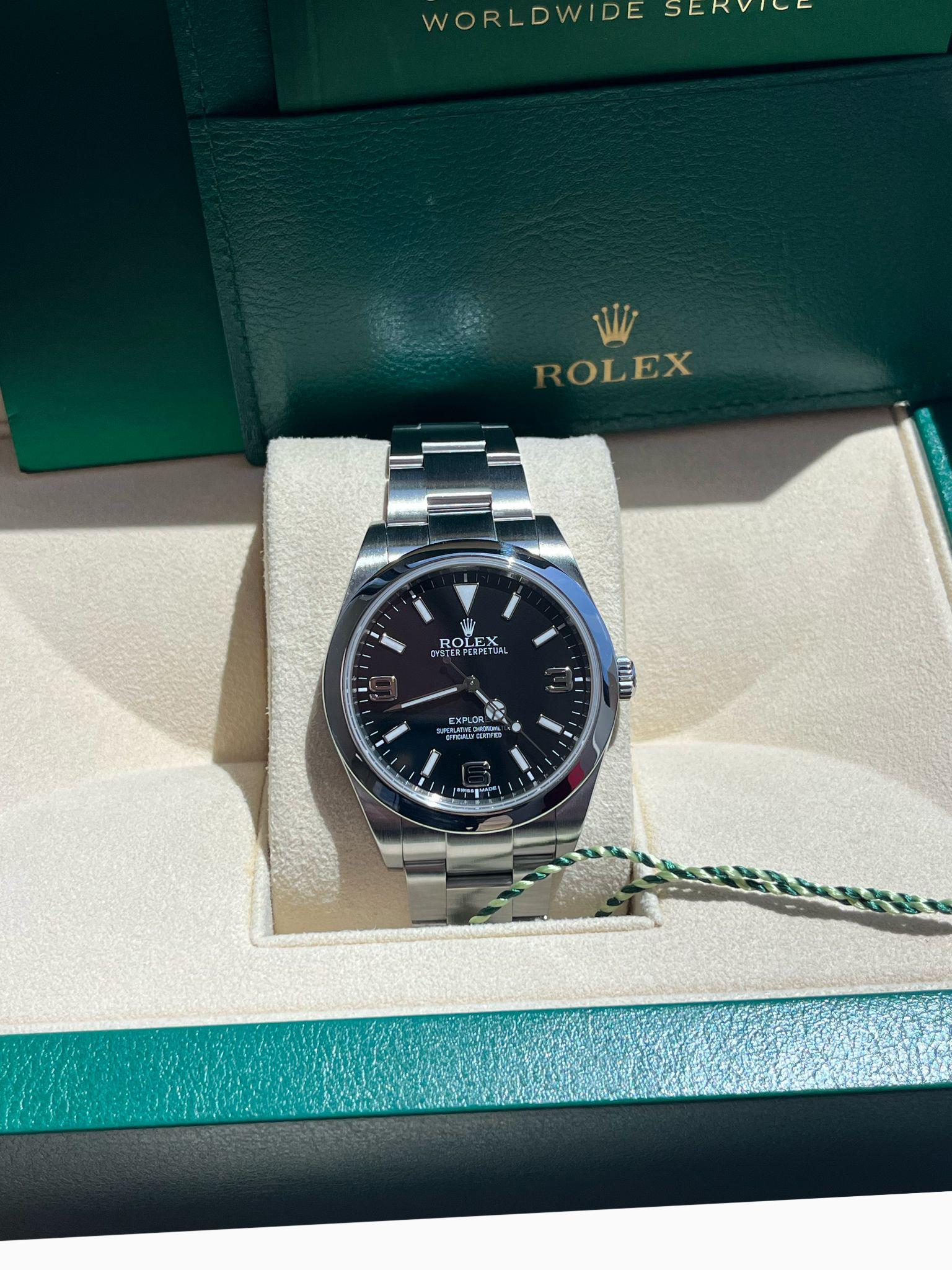 Rolex Explorer 39mm Black Dial Steel Smooth Bezel Oyster Mens Watch 214270 In Good Condition For Sale In Aventura, FL