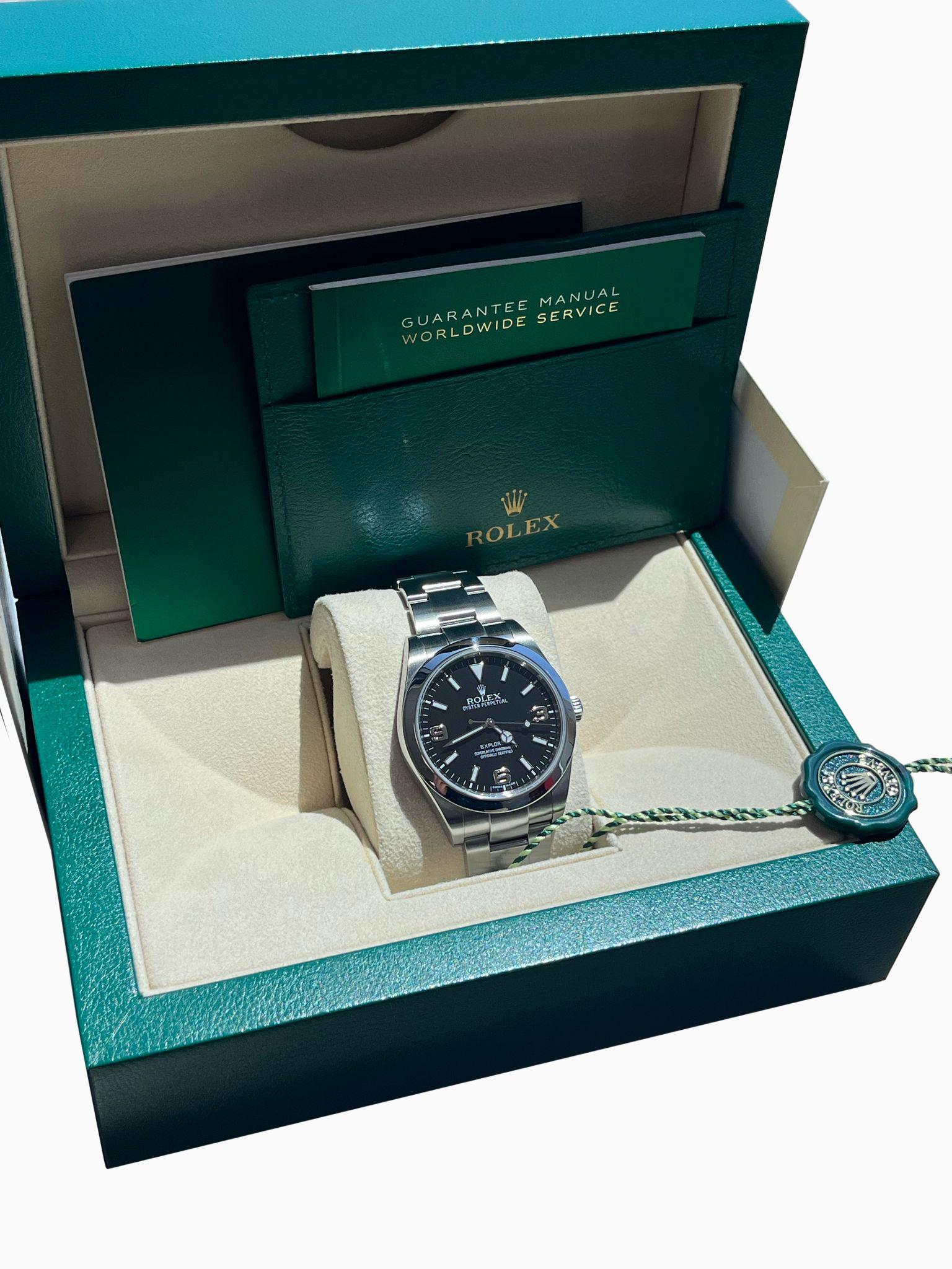 Women's or Men's Rolex Explorer 39mm Black Dial Steel Smooth Bezel Oyster Mens Watch 214270 For Sale