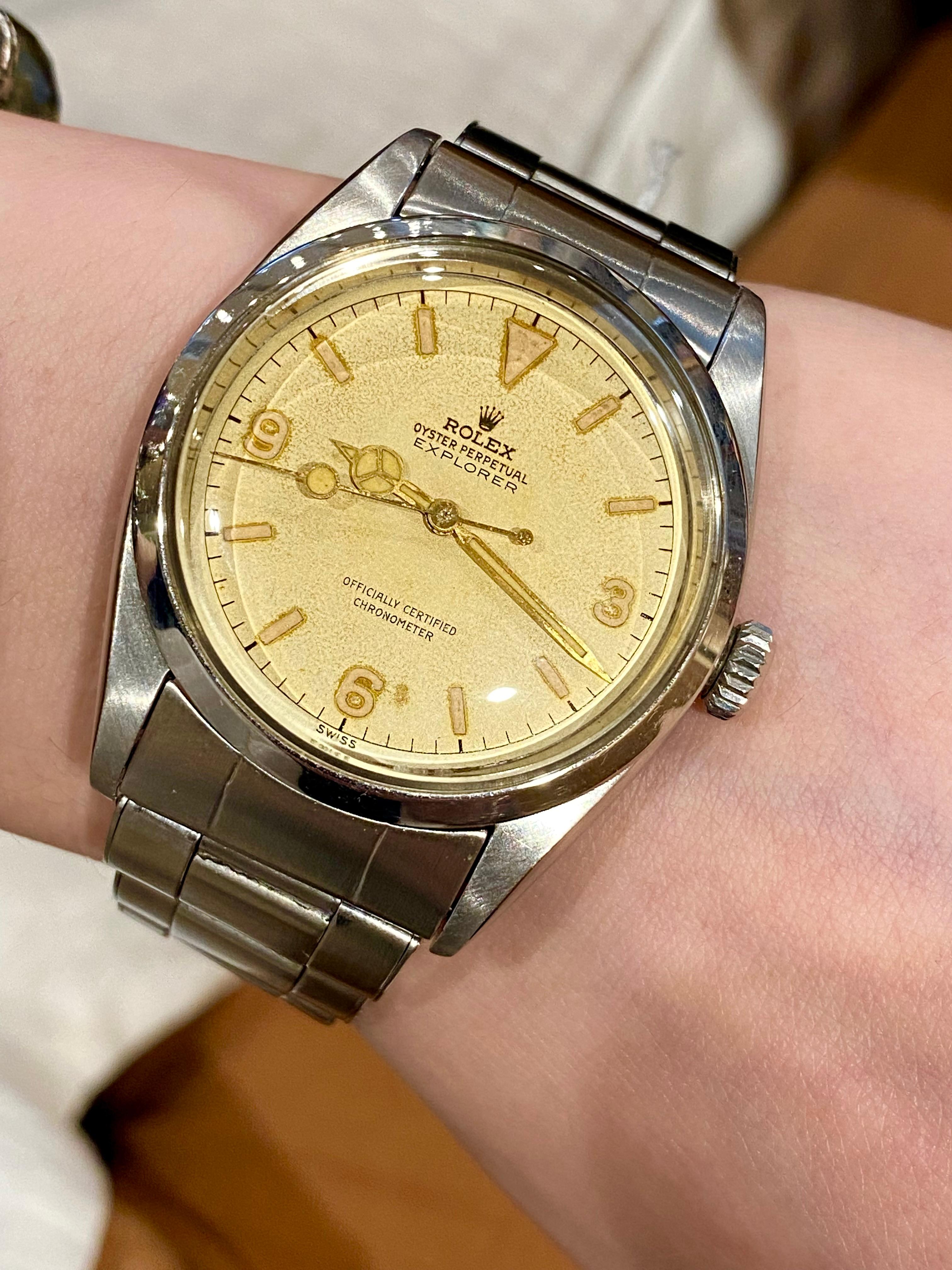 Rolex Explorer Albino off White Ivory Creamy 6610 Steel Automatic Watch, 1956 For Sale 5