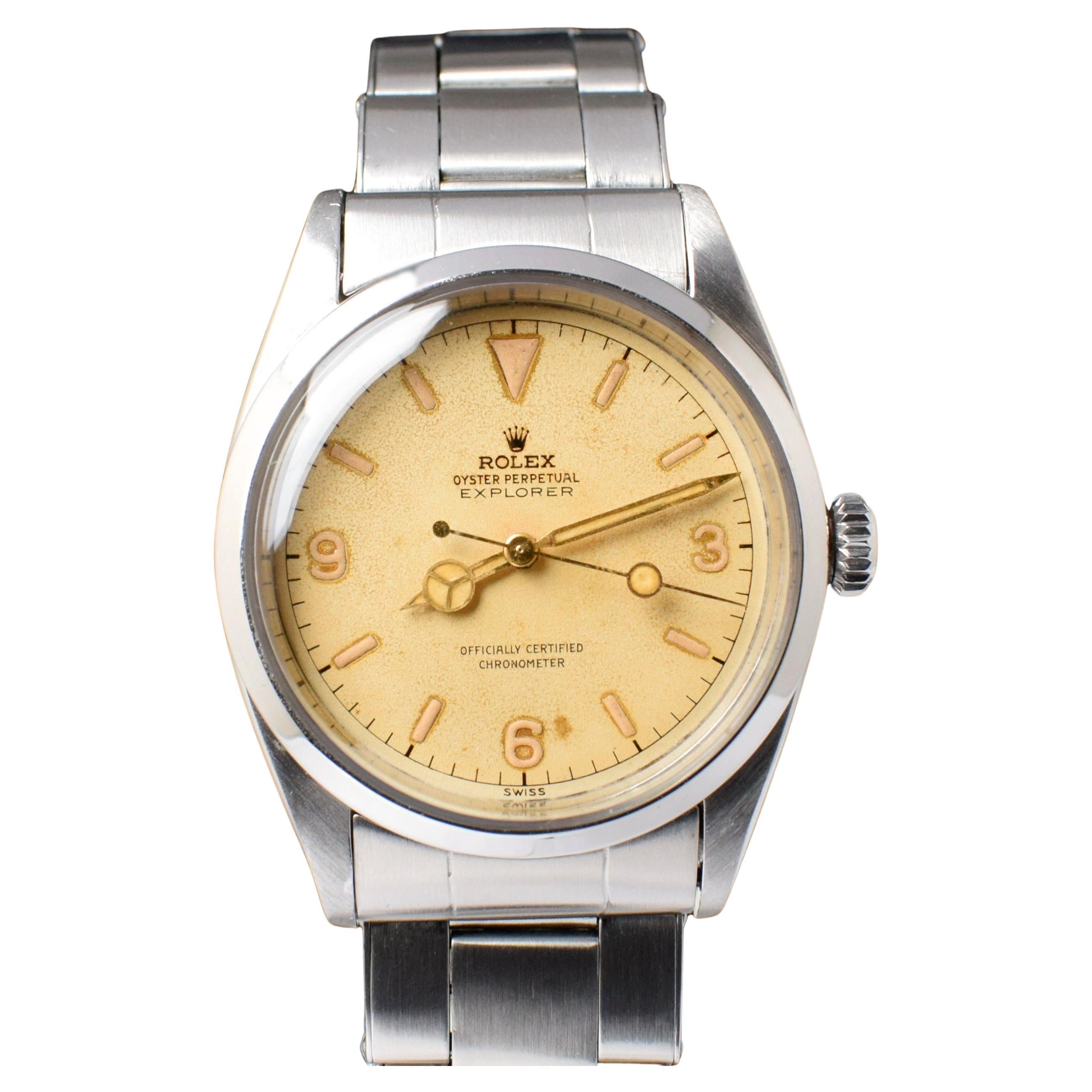 Rolex Explorer Albino off White Ivory Creamy 6610 Steel Automatic Watch, 1956 For Sale