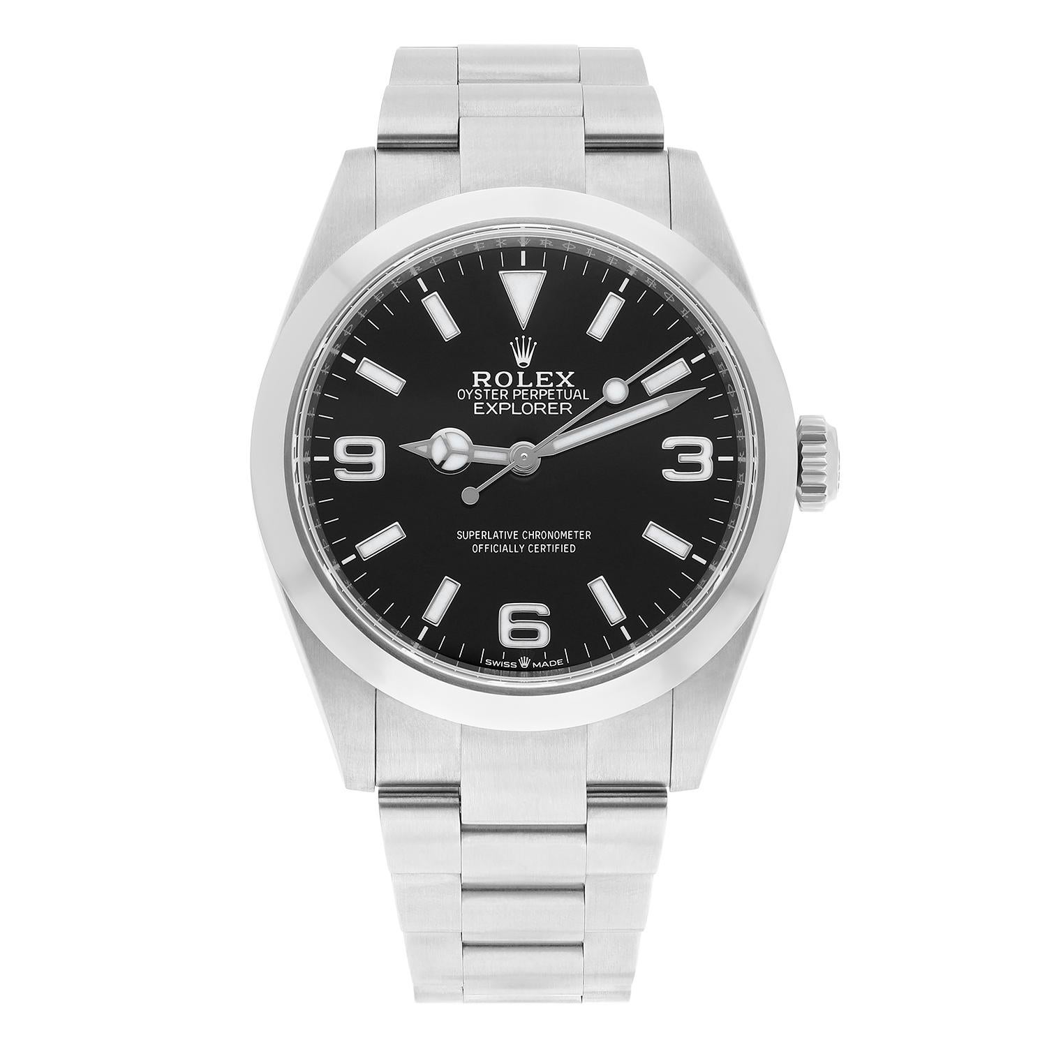 Silver-tone stainless steel case with a silver-tone stainless steel oyster bracelet. Fixed silver-tone stainless steel bezel. Black dial with silver-tone hands and index hour markers. Minute markers around the outer rim. Dial Type: Analog.