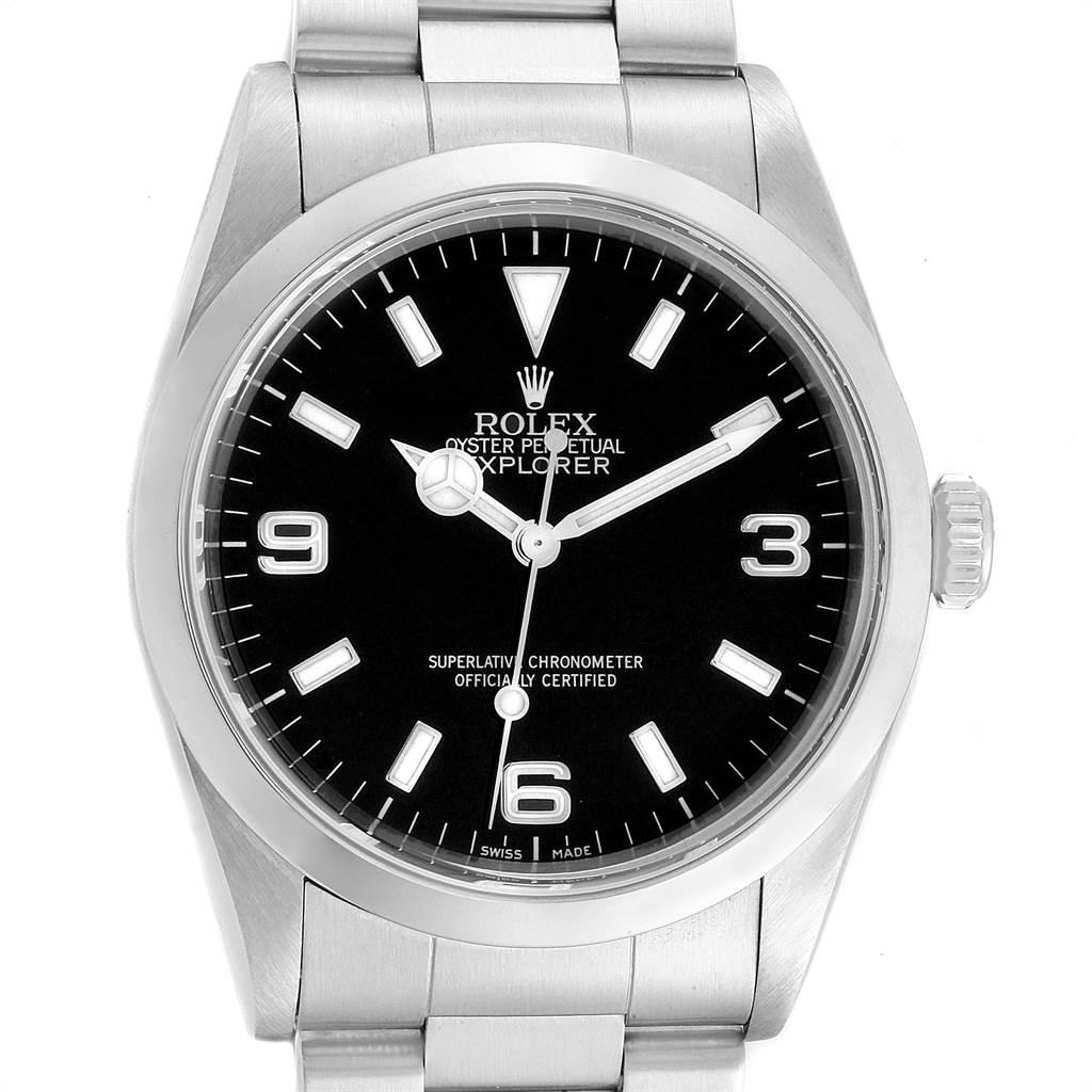 Rolex Explorer I 36mm Black Dial Automatic Steel Mens Watch 14270. Officially certified chronometer self-winding movement. Stainless steel case 36.0 mm in diameter. Rolex logo on a crown. Stainless steel smooth bezel. Scratch resistant sapphire