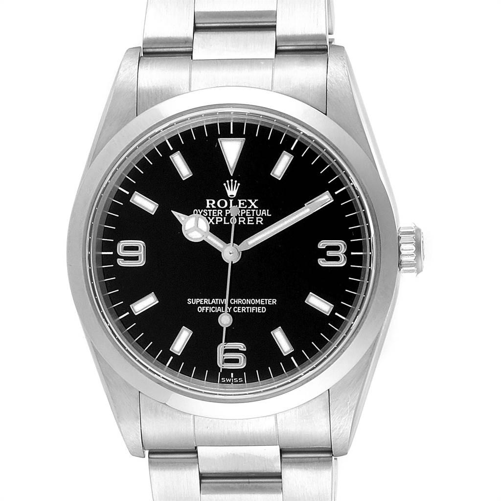 Rolex Explorer I 36mm Black Dial Automatic Steel Mens Watch 14270. Officially certified chronometer automatic self-winding movement. Stainless steel case 36.0 mm in diameter. Rolex logo on a crown. Stainless steel smooth bezel. Scratch resistant