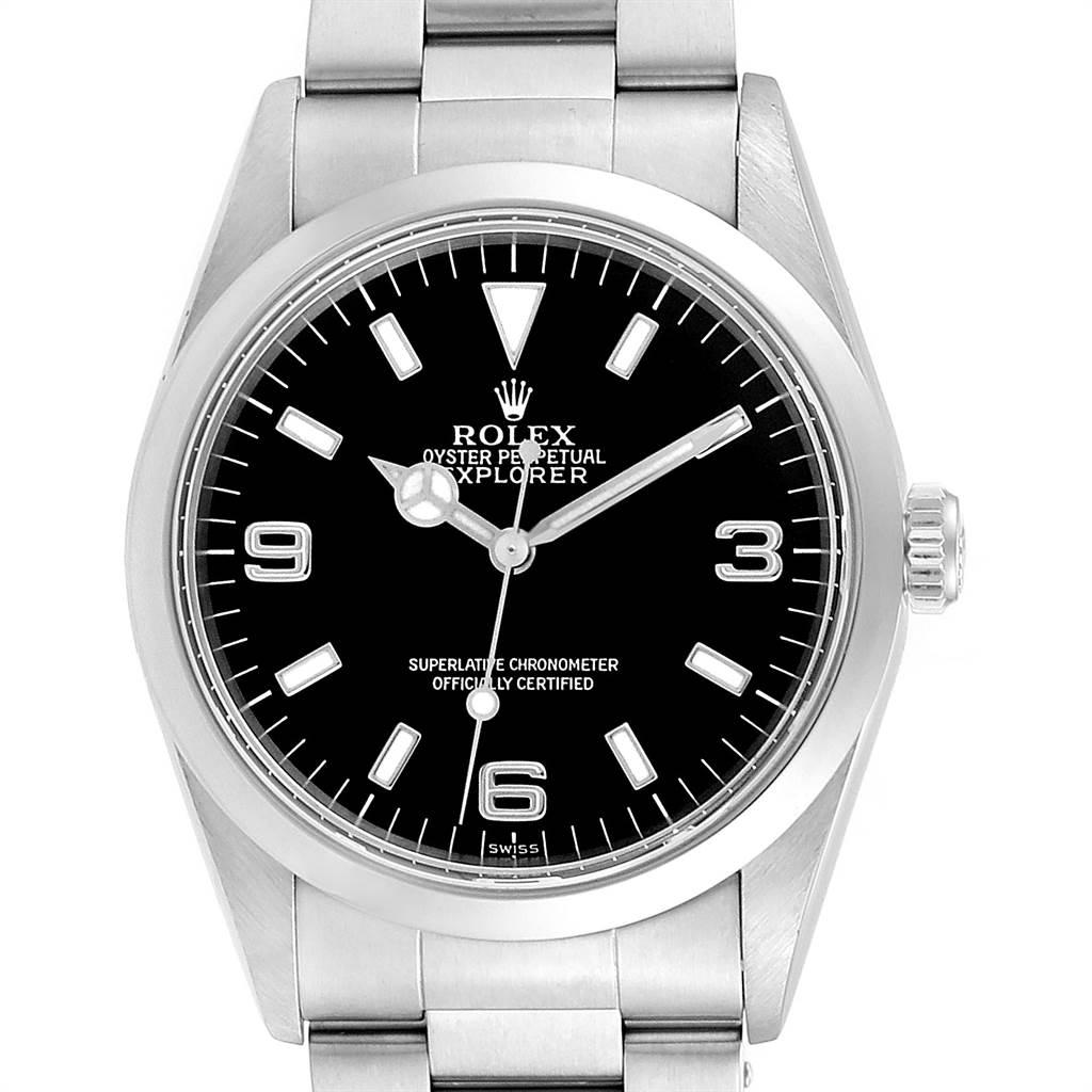 Rolex Explorer I 36mm Black Dial Automatic Steel Mens Watch 14270. Officially certified chronometer self-winding movement. Stainless steel case 36.0 mm in diameter. Rolex logo on a crown. Stainless steel smooth bezel. Scratch resistant sapphire