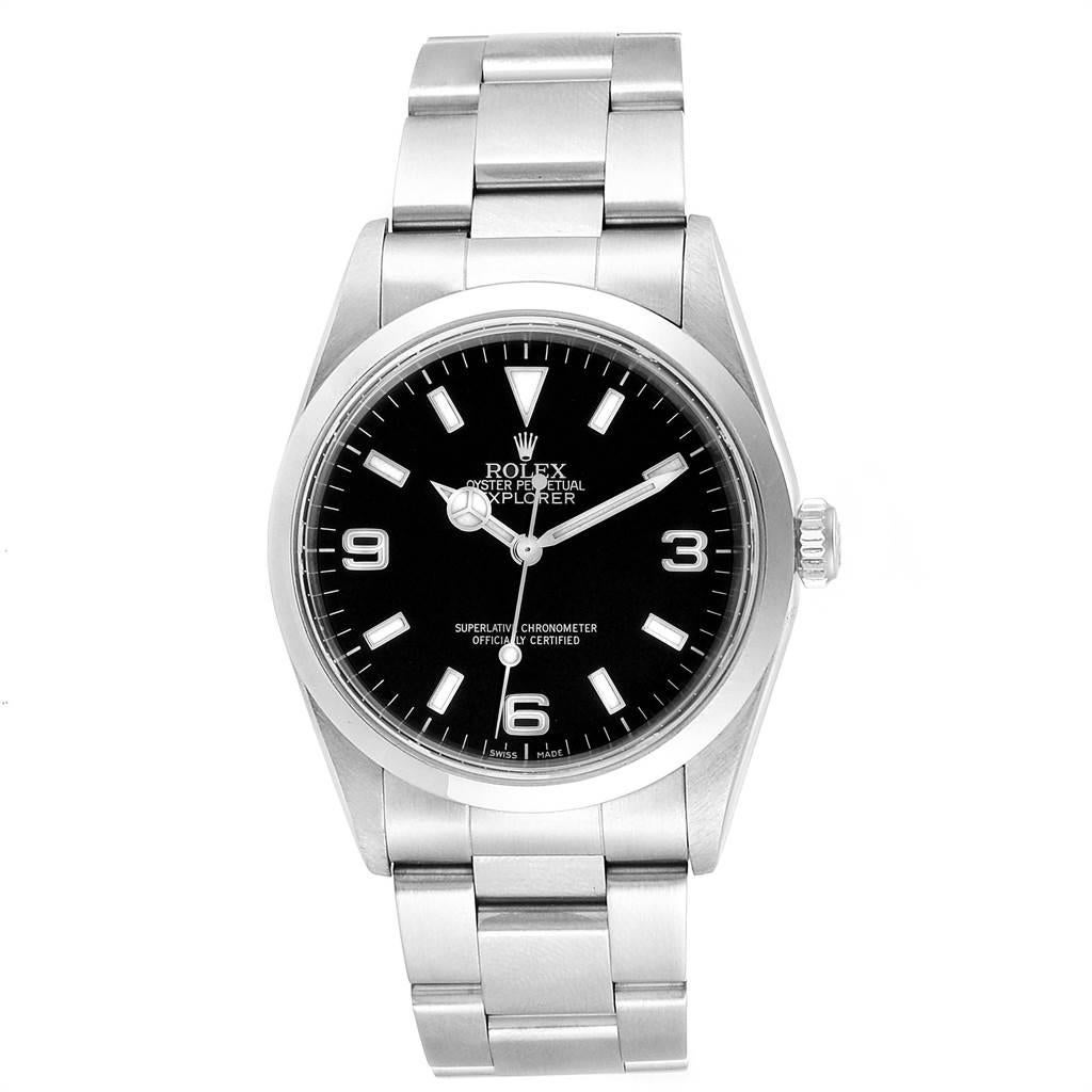 Rolex Explorer I 36mm Black Dial Automatic Steel Mens Watch 14270. Officially certified chronometer self-winding movement. Stainless steel case 36.0 mm in diameter. Rolex logo on a crown. Stainless steel smooth bezel. Scratch resistant sapphire