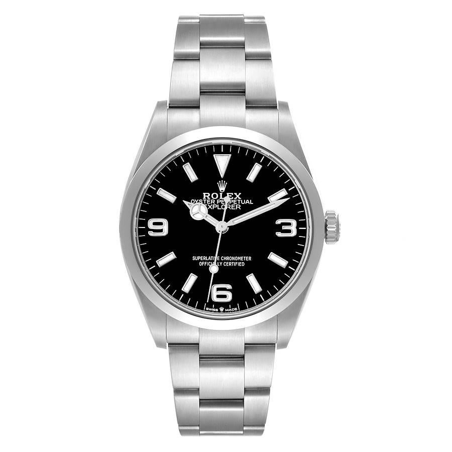 Rolex Explorer I 36mm Black Dial Stainless Steel Mens Watch 124270 Box Card. Officially certified chronometer automatic self-winding movement. Stainless steel case 36.0 mm in diameter. Rolex logo on the crown. Stainless steel smooth bezel. Scratch