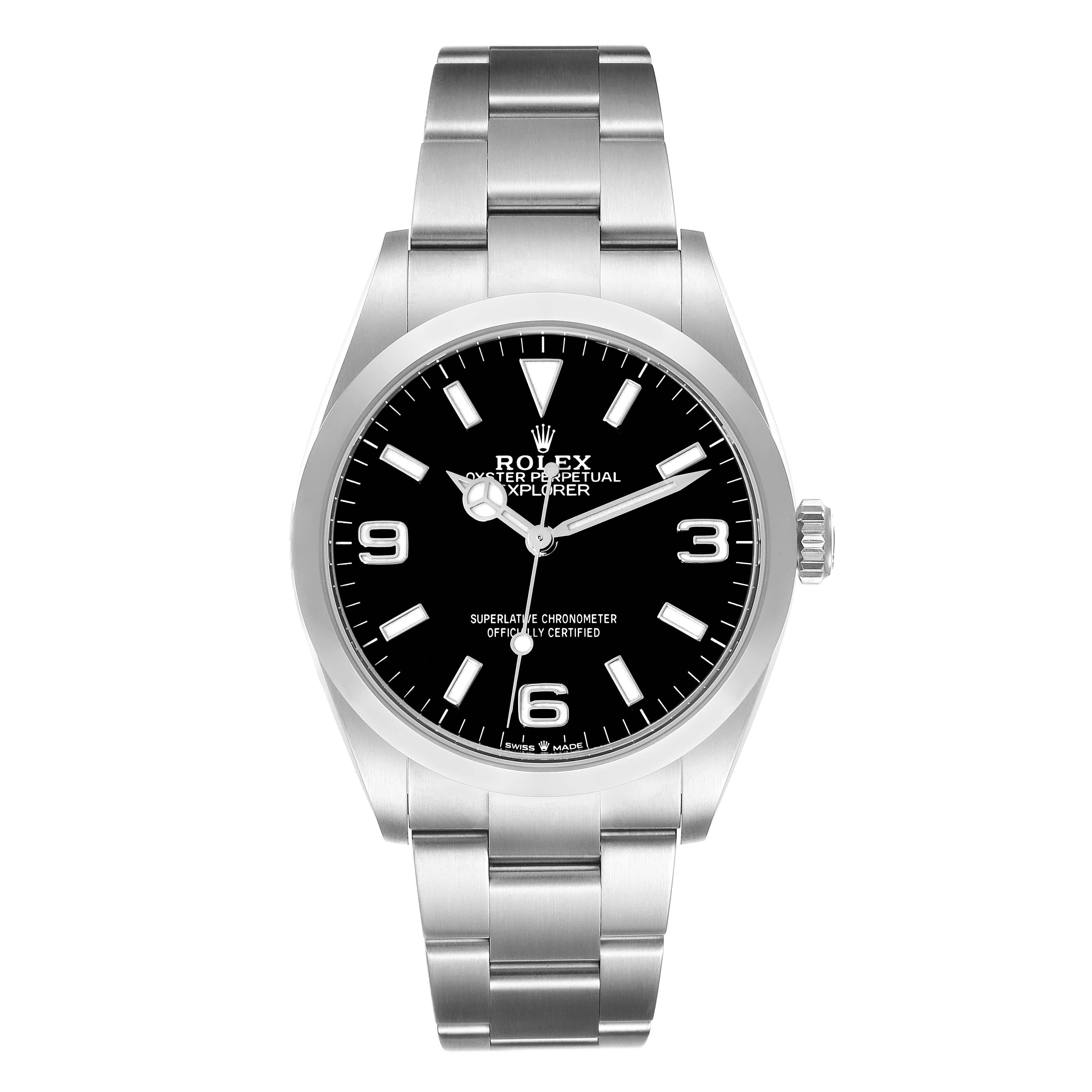 Rolex Explorer I 36mm Black Dial Steel Mens Watch 124270 Box Card. Officially certified chronometer automatic self-winding movement. Stainless steel case 36.0 mm in diameter. Rolex logo on the crown. Stainless steel smooth bezel. Scratch resistant
