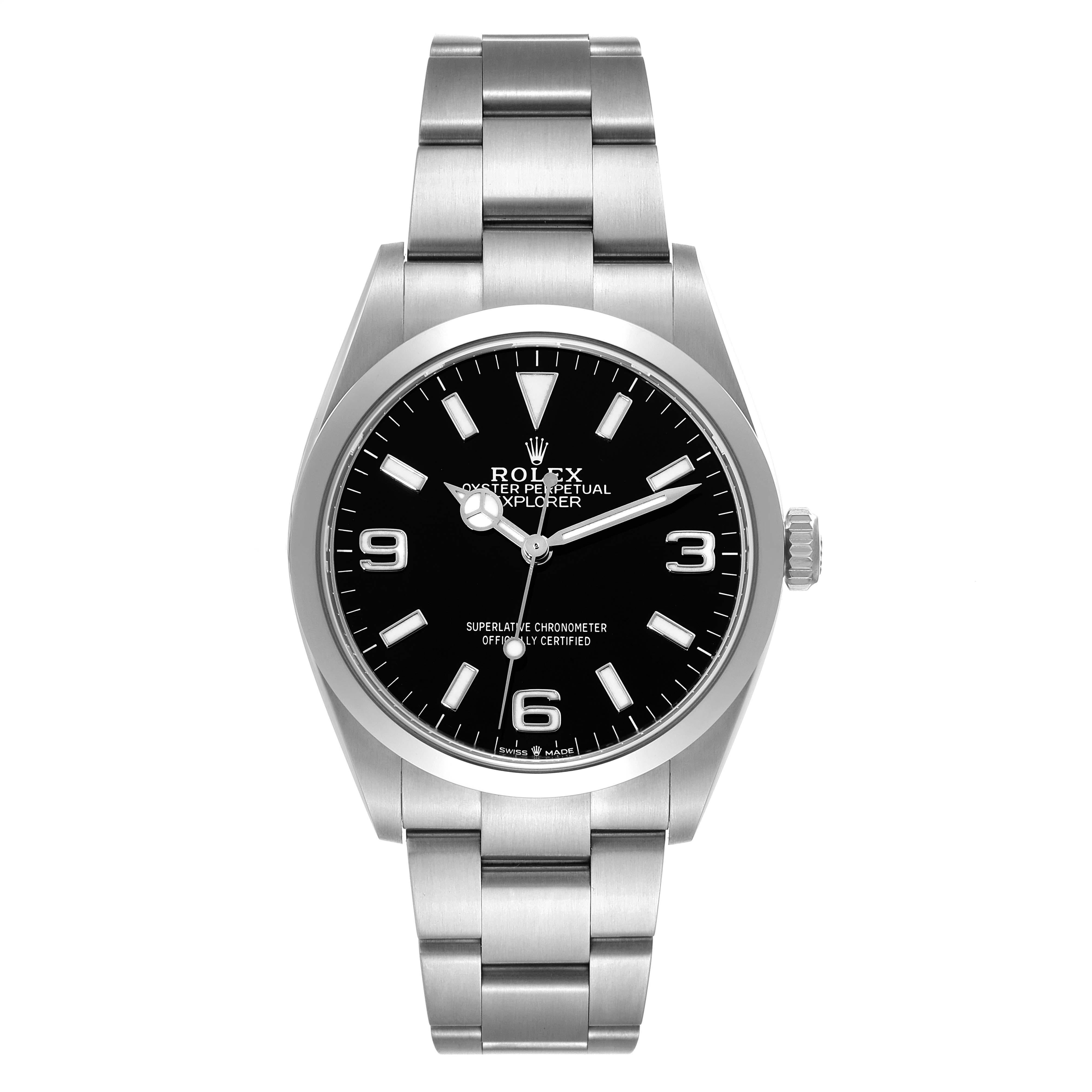 Rolex Explorer I 36mm Black Dial Steel Mens Watch 124270 Box Card. Officially certified chronometer automatic self-winding movement. Stainless steel case 36.0 mm in diameter. Rolex logo on the crown. Stainless steel smooth bezel. Scratch resistant