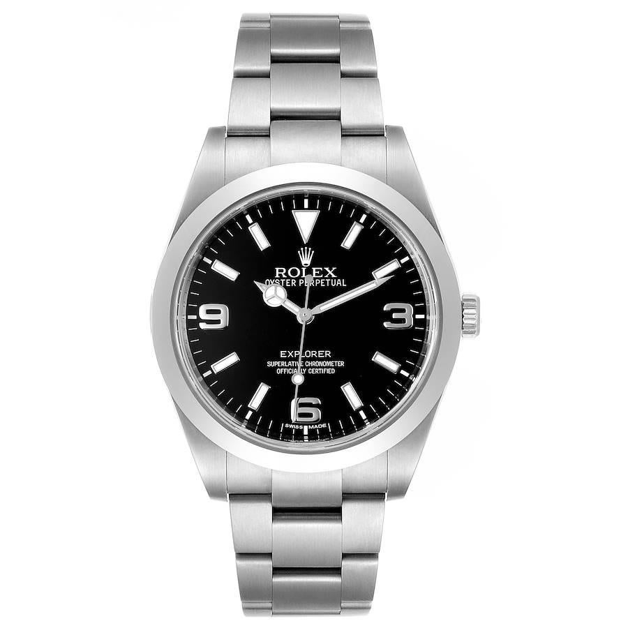 Rolex Explorer I 39 Black Dial Automatic Mens Watch 214270. Officially certified chronometer self-winding movement. Stainless steel case 39 mm in diameter. Rolex logo on a crown. Stainless steel smooth bezel. Scratch resistant sapphire crystal.