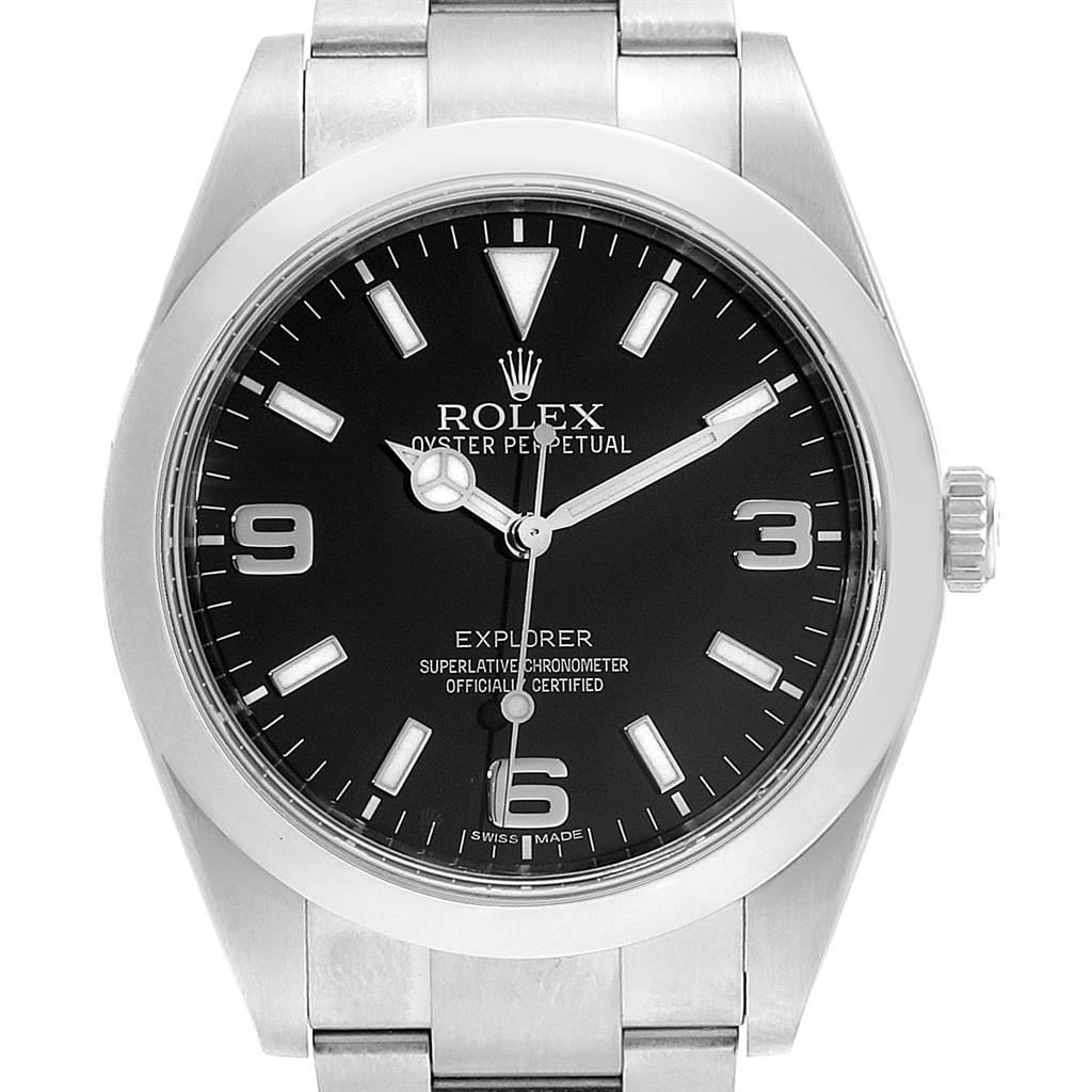 Rolex Explorer I 39 Stainless Steel Mens Watch 214270. Officially certified chronometer self-winding movement. Stainless steel case 39 mm in diameter. Rolex logo on a crown. Stainless steel smooth bezel. Scratch resistant sapphire crystal. Black