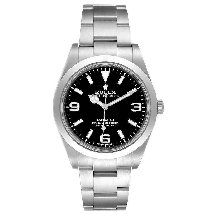 Rolex Explorer I 39mm Automatic Steel Mens Watch 214270 Box Card. Officially certified chronometer self-winding movement. Stainless steel case 39 mm in diameter. Rolex logo on a crown. Stainless steel smooth bezel. Scratch resistant sapphire