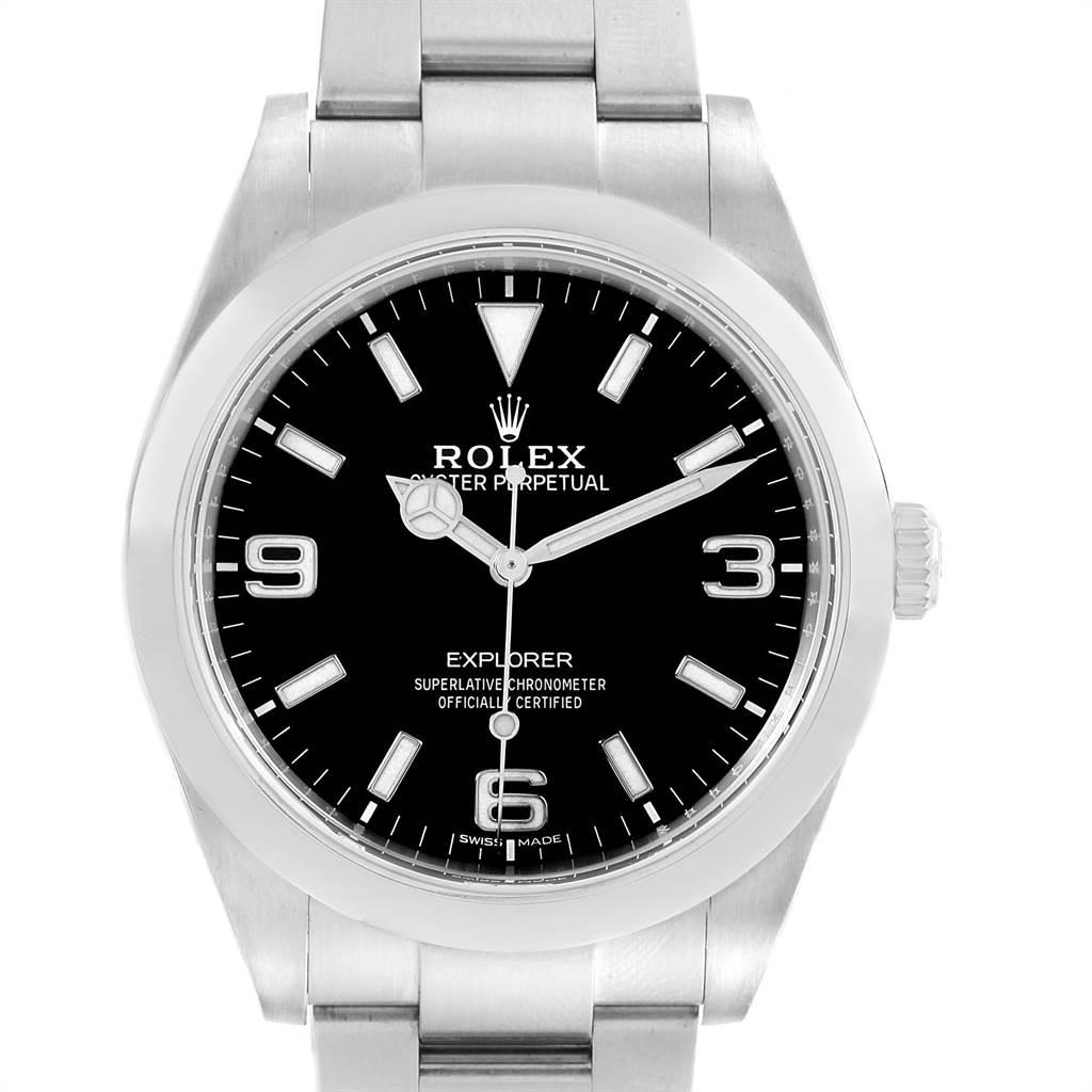 Rolex Explorer I 39mm Black Dial Steel Mens Watch 214270 Box Card. Officially certified chronometer self-winding movement. Stainless steel case 39 mm in diameter. Rolex logo on a crown. Stainless steel smooth bezel. Black dial with applied Arabic