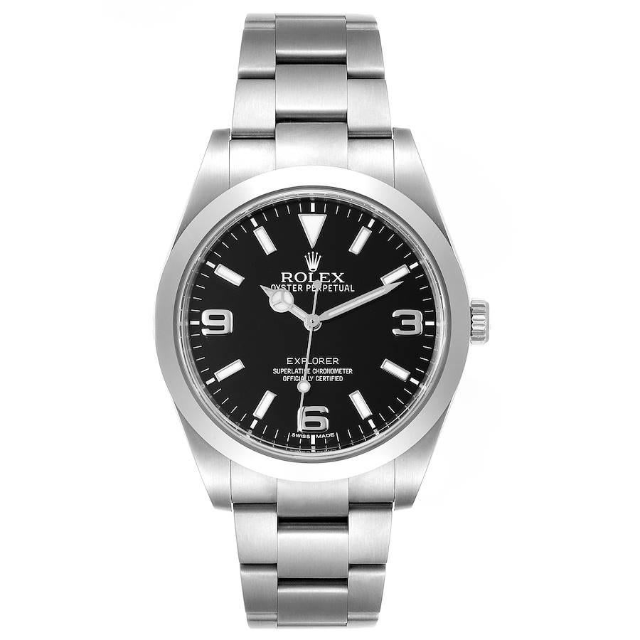 Rolex Explorer I 39mm Black Dial Steel Mens Watch 214270 Box Card. Officially certified chronometer self-winding movement. Stainless steel case 39 mm in diameter. Rolex logo on a crown. Stainless steel smooth bezel. Scratch resistant sapphire