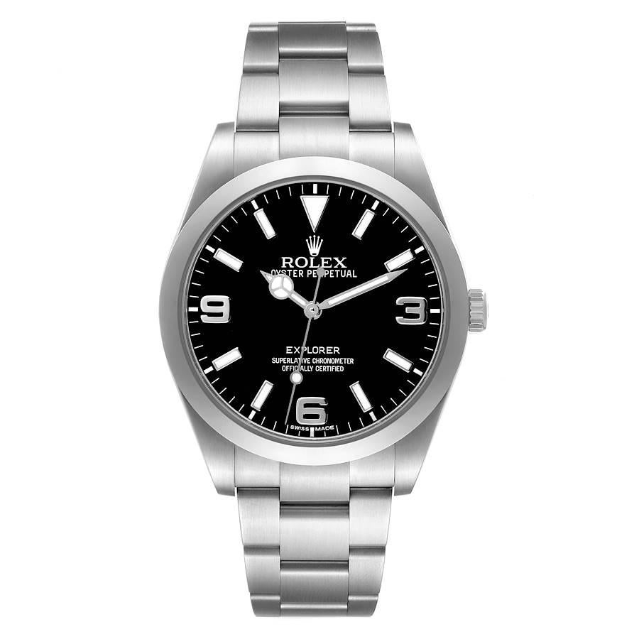 Rolex Explorer I 39mm Black Dial Steel Mens Watch 214270 Box Card. Officially certified chronometer automatic self-winding movement. Stainless steel case 39 mm in diameter. Rolex logo on the crown. Stainless steel smooth bezel. Scratch resistant