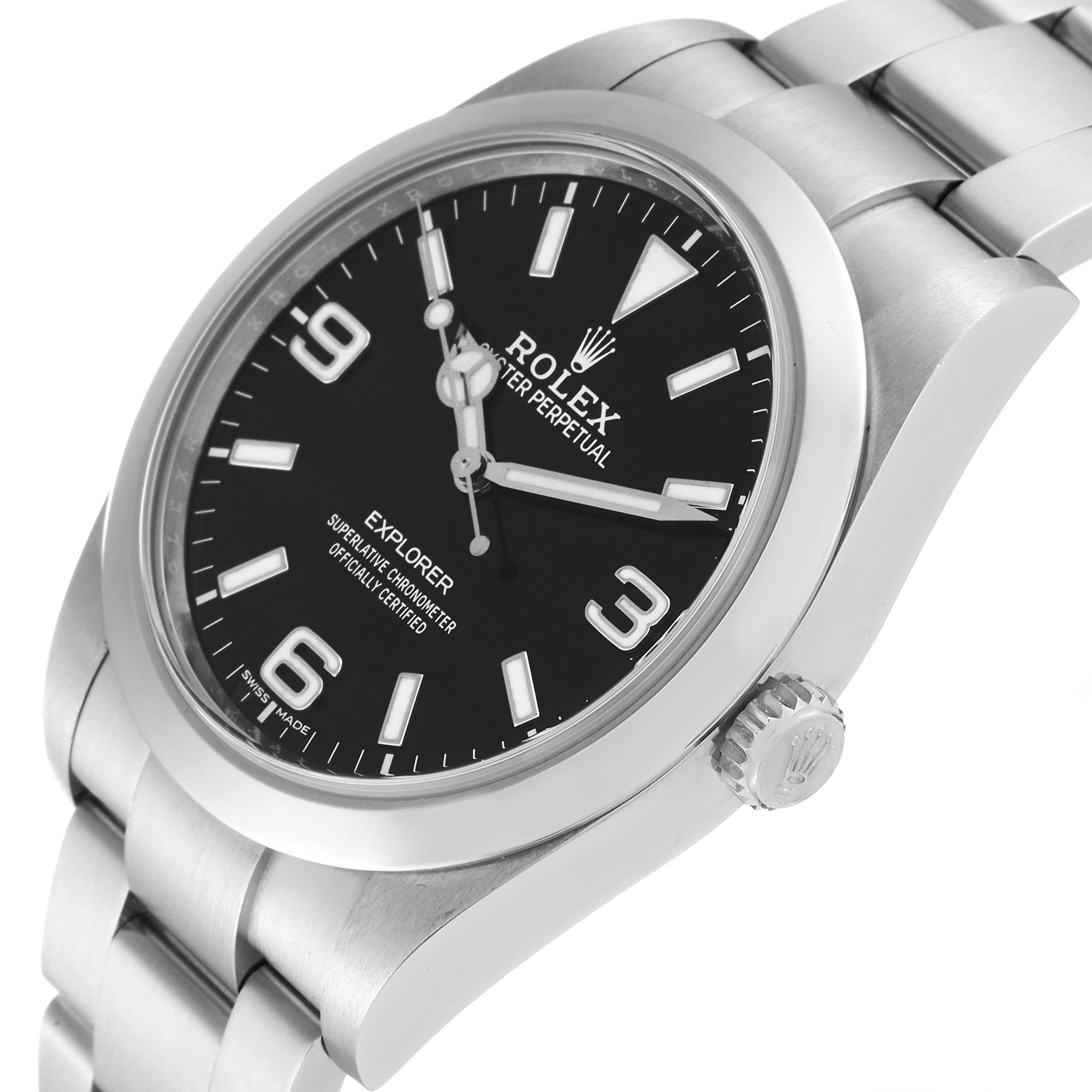 Rolex Explorer I 39mm Black Dial Steel Mens Watch 214270. Officially certified chronometer automatic self-winding movement. Stainless steel case 39 mm in diameter. Rolex logo on the crown. Stainless steel smooth bezel. Scratch resistant sapphire