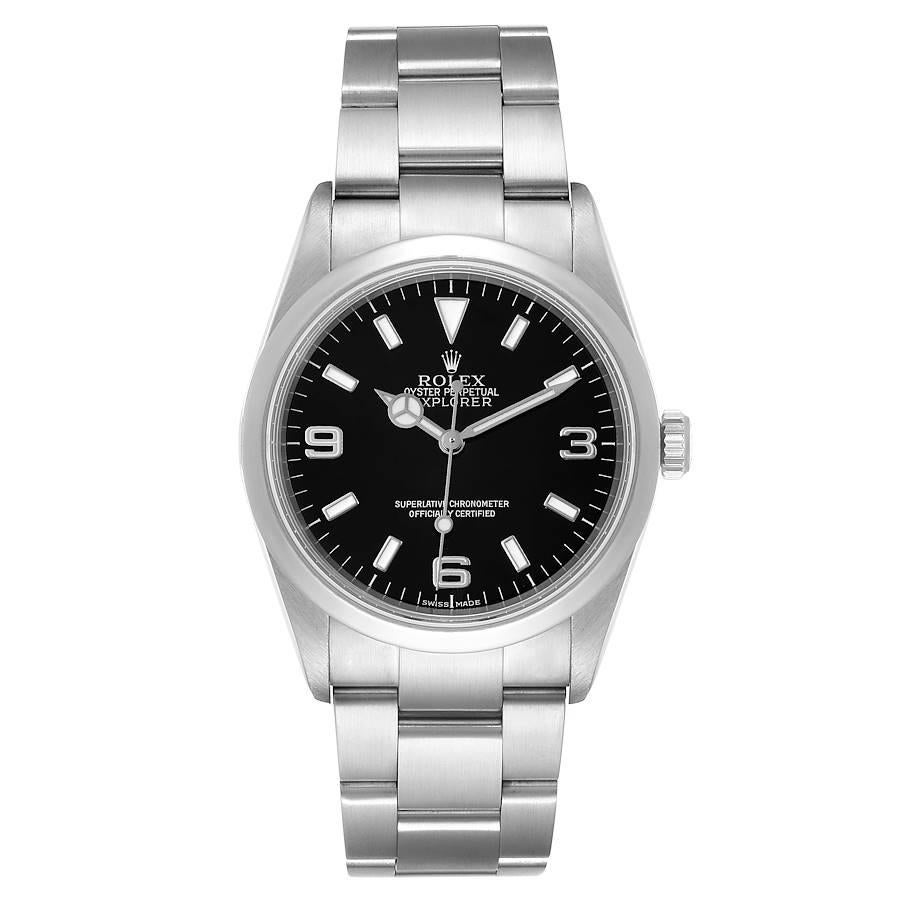 Rolex Explorer I Black Dial Stainless Steel Mens Watch 114270 Box Card. Officially certified chronometer self-winding movement. Stainless steel case 36.0 mm in diameter. Rolex logo on a crown. Stainless steel smooth domed bezel. Scratch resistant