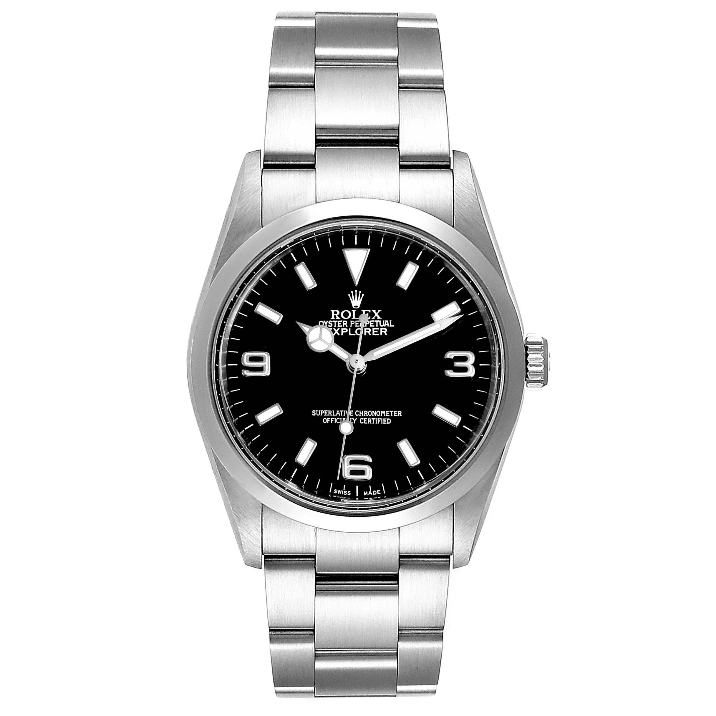 Rolex Explorer I Black Dial Stainless Steel Mens Watch 114270 Box. Officially certified chronometer self-winding movement. Stainless steel case 36.0 mm in diameter. Rolex logo on a crown. Stainless steel smooth domed bezel. Scratch resistant