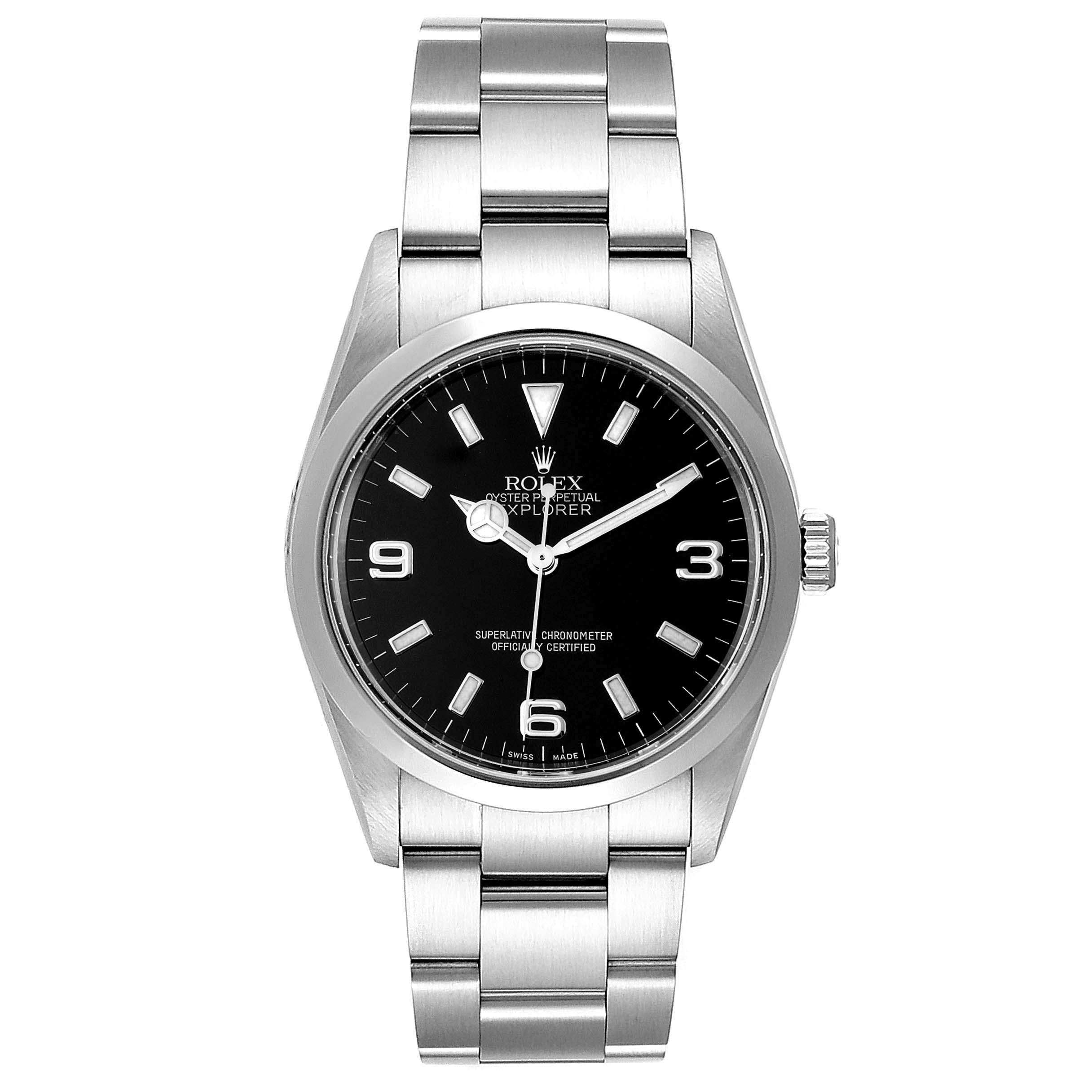 Rolex Explorer I Black Dial Stainless Steel Mens Watch 114270 Box. Officially certified chronometer self-winding movement. Stainless steel case 36.0 mm in diameter. Rolex logo on a crown. Stainless steel smooth domed bezel. Scratch resistant