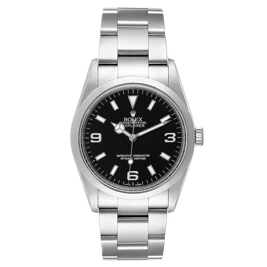 Rolex Explorer I Black Dial Stainless Steel Mens Watch 114270 Box Papers. Officially certified chronometer self-winding movement. Stainless steel case 36.0 mm in diameter. Rolex logo on a crown. Stainless steel smooth domed bezel. Scratch resistant