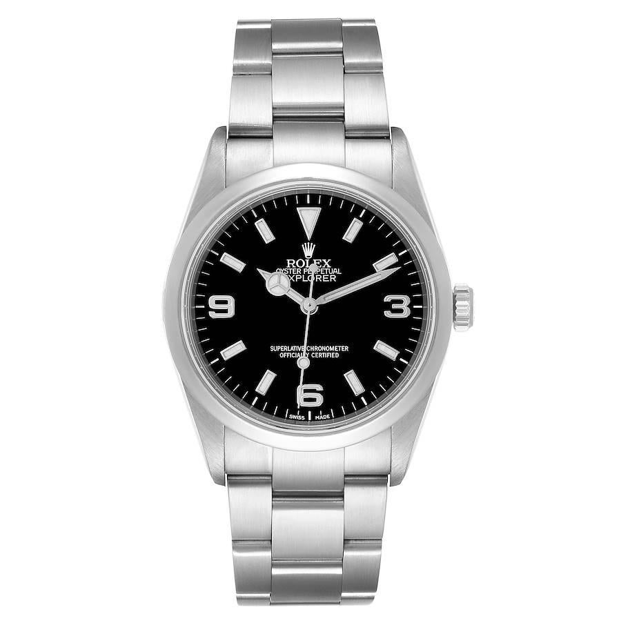 Rolex Explorer I Black Dial Stainless Steel Mens Watch 114270 Box Papers. Officially certified chronometer self-winding movement. Stainless steel case 36.0 mm in diameter. Rolex logo on a crown. Stainless steel smooth domed bezel. Scratch resistant