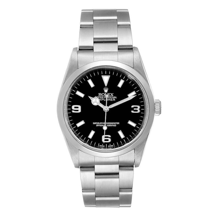 Rolex Explorer I Black Dial Stainless Steel Mens Watch 114270. Officially certified chronometer self-winding movement. Stainless steel case 36.0 mm in diameter. Rolex logo on a crown. Stainless steel smooth domed bezel. Scratch resistant sapphire