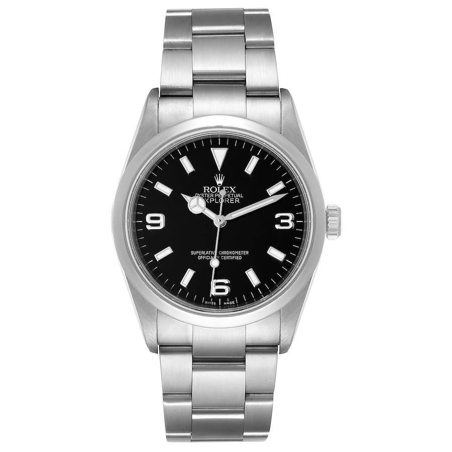 Rolex Explorer I Black Dial Stainless Steel Mens Watch 114270. Officially certified chronometer self-winding movement. Stainless steel case 36.0 mm in diameter. Rolex logo on a crown. Stainless steel smooth domed bezel. Scratch resistant sapphire