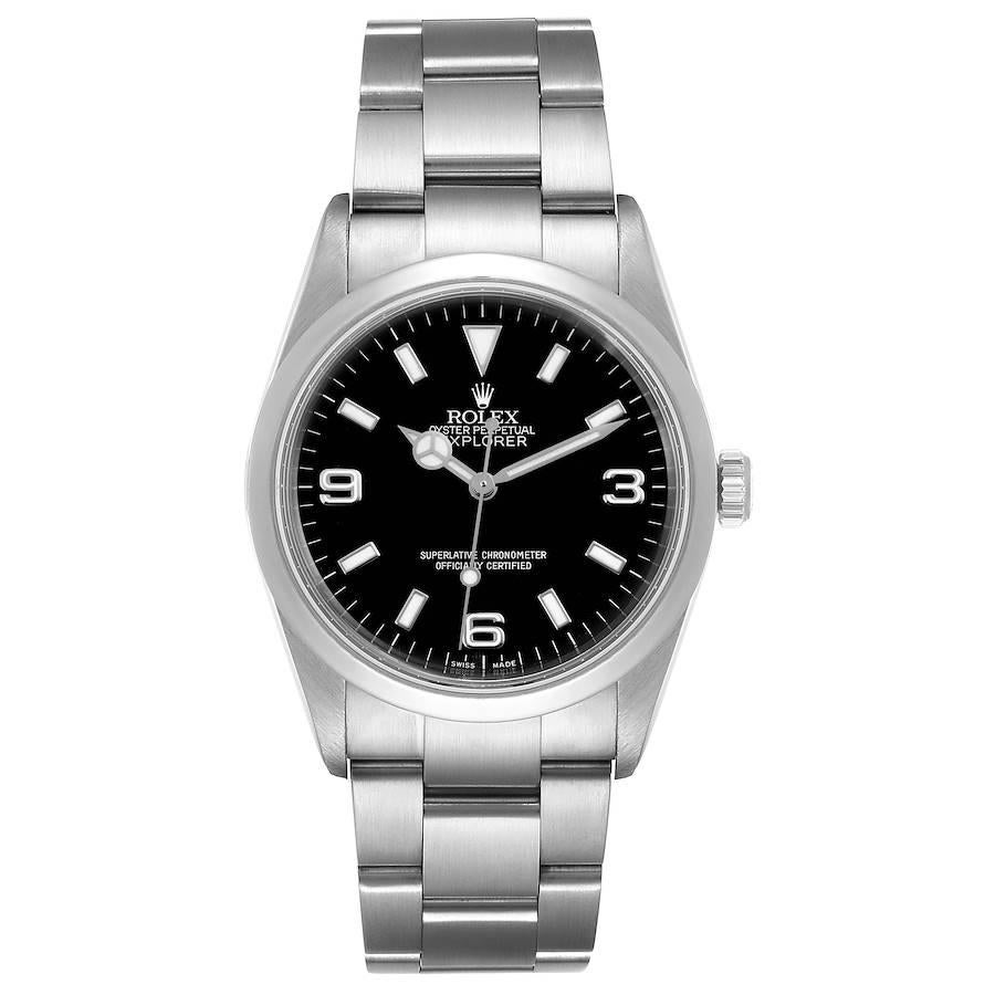 Rolex Explorer I Black Dial Stainless Steel Mens Watch 114270. Officially certified chronometer self-winding movement. Stainless steel case 36.0 mm in diameter. Rolex logo on a crown. Stainless steel smooth domed bezel. Scratch resistant sapphire
