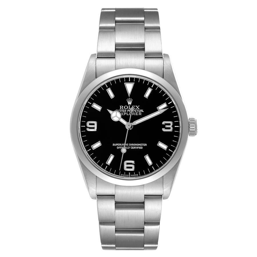 Rolex Explorer I Black Dial Stainless Steel Mens Watch 114270. Officially certified chronometer automatic self-winding movement. Stainless steel case 36.0 mm in diameter. Rolex logo on the crown. Stainless steel smooth bezel. Scratch resistant