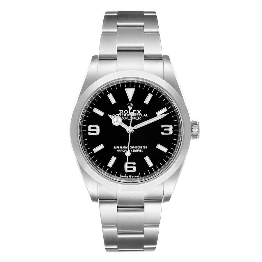 Rolex Explorer I Black Dial Stainless Steel Mens Watch 124270 Unworn. Officially certified chronometer self-winding movement. Stainless steel case 36.0 mm in diameter. Rolex logo on a crown. Stainless steel smooth domed bezel. Scratch resistant